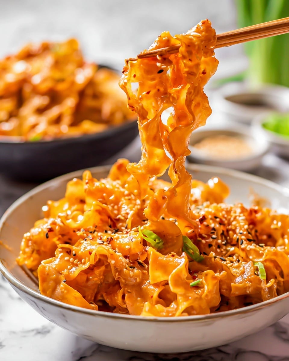 The image shows a close-up of wide ruffled noodles coated in a glossy orange sauce, lifted by chopsticks above a white bowl filled with more of the noodles. The noodles are ribbon-like with wavy edges, covered evenly in the sauce that has small bits of red chili flakes and sesame seeds visible. There are also small pieces of green onion scattered throughout the noodles inside the bowl. The bowl sits on a white marbled surface, with a blurred second bowl of noodles and small dishes of green and white condiments visible in the background. The lighting is bright and natural, highlighting the shiny texture of the sauce and the vibrant colors of the ingredients. photo taken with an iphone --ar 4:5 --v 7