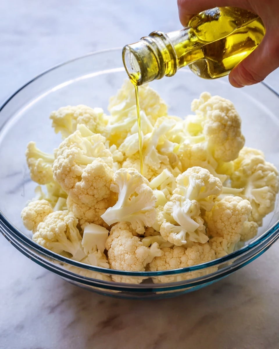 A clear glass bowl is filled with many creamy white cauliflower florets, each with a slightly bumpy texture and pale yellow shading in places from the oil being poured over them. A woman's hand holds a small glass bottle tipped to drizzle golden olive oil onto the cauliflower, with the oil shining as it falls. The bowl sits on a white marbled surface, creating a clean and fresh look. Photo taken with an iphone --ar 4:5 --v 7