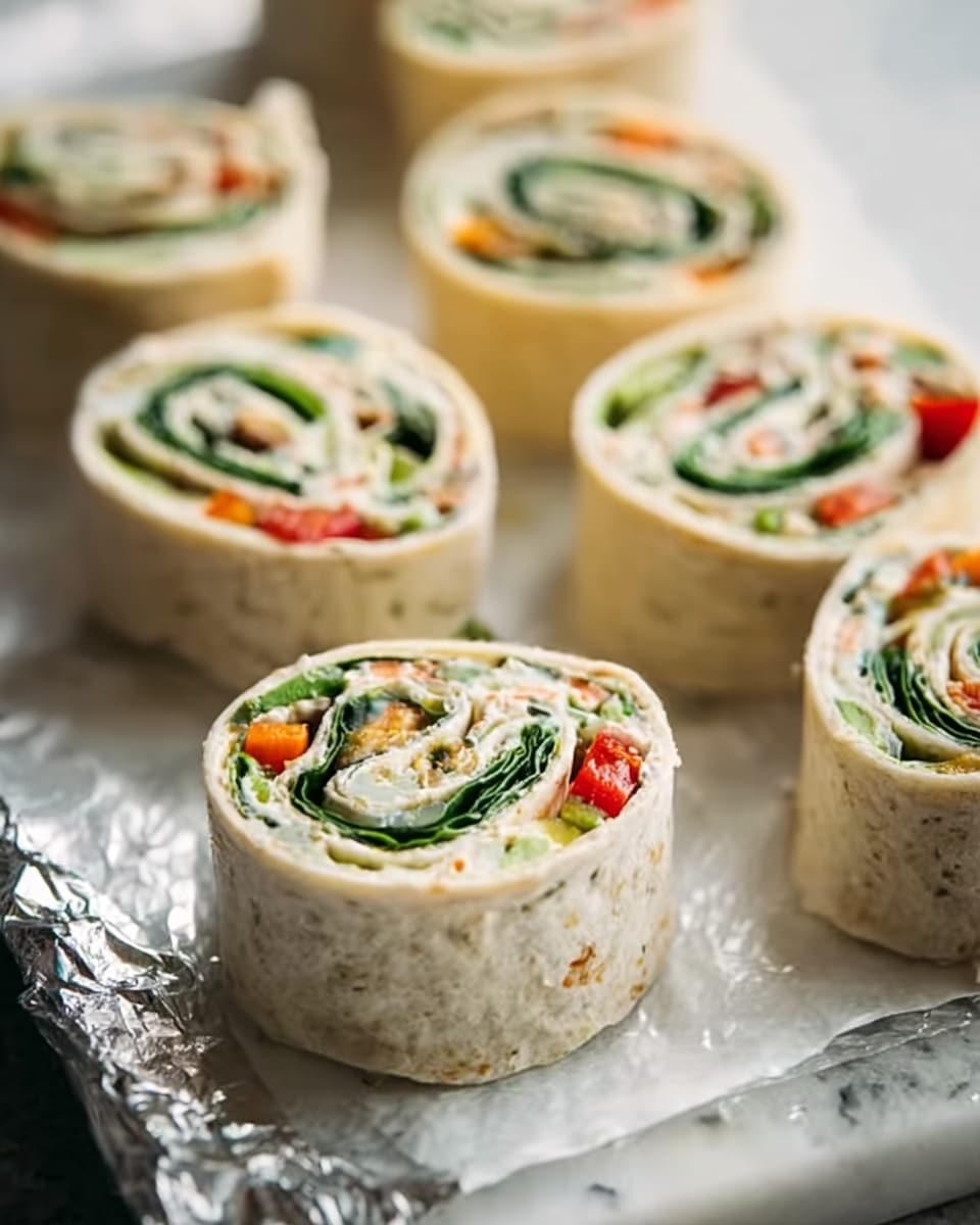 The image shows small pinwheel sandwiches arranged on a white marbled surface covered with a crinkled silver foil. Each sandwich has three visible layers: the outer layer is a soft, light beige tortilla wrap, the middle layer is a mix of creamy white spread with small green and orange vegetable bits, and the innermost layer contains fresh green spinach leaves and vibrant red bell pepper pieces. The pinwheels are sliced thickly, showing the colorful spiral pattern clearly. The background is softly blurred, focusing on the front pinwheel. photo taken with an iphone --ar 4:5 --v 7