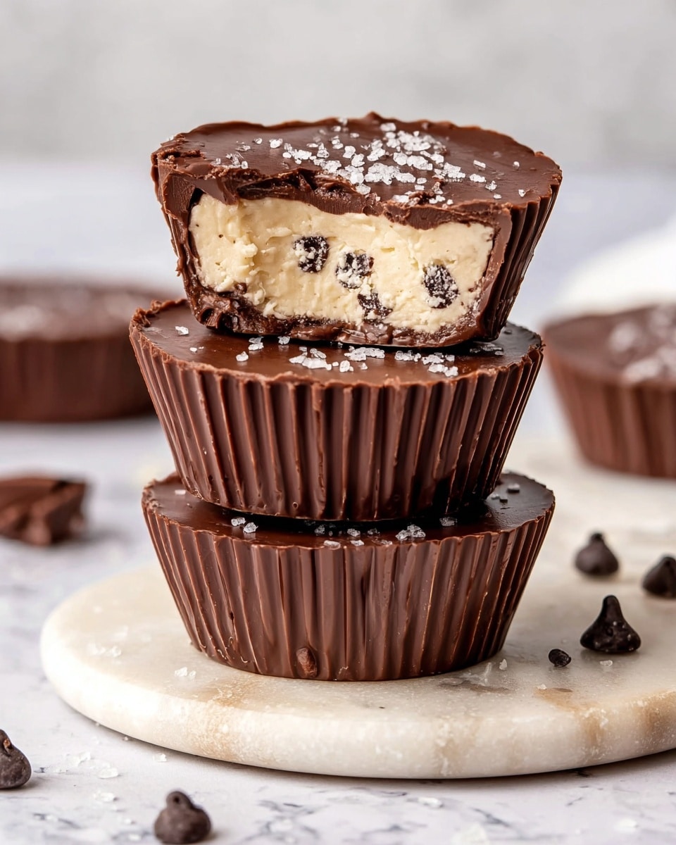 The image shows three chocolate cups stacked on top of each other on a round white marble board. The two bottom cups are whole with smooth, dark brown ridged chocolate sides, while the top cup is cut in half exposing a creamy off-white filling with small dark chocolate bits inside. The cut top cup also has some coarse salt sprinkled on the glossy chocolate rim. Around the board, there are a few scattered dark chocolate chips. The background is a white marbled texture. Photo taken with an iphone --ar 4:5 --v 7