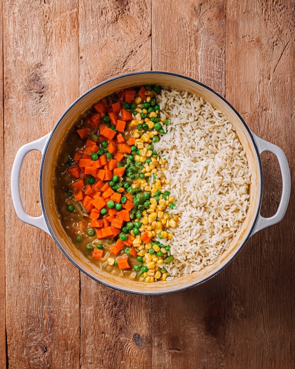 A large white pot with two handles holds three main layers inside: a bottom layer of thick, light brown sauce covering the entire base, on top of this sauce, a pile of plain white rice occupies the right half, and a colorful mix of diced orange carrots, green beans, green peas, and yellow corn fills the left half, sitting neatly side by side with the rice, all placed on a warm, textured wooden surface photo taken with an iphone --ar 4:5 --v 7