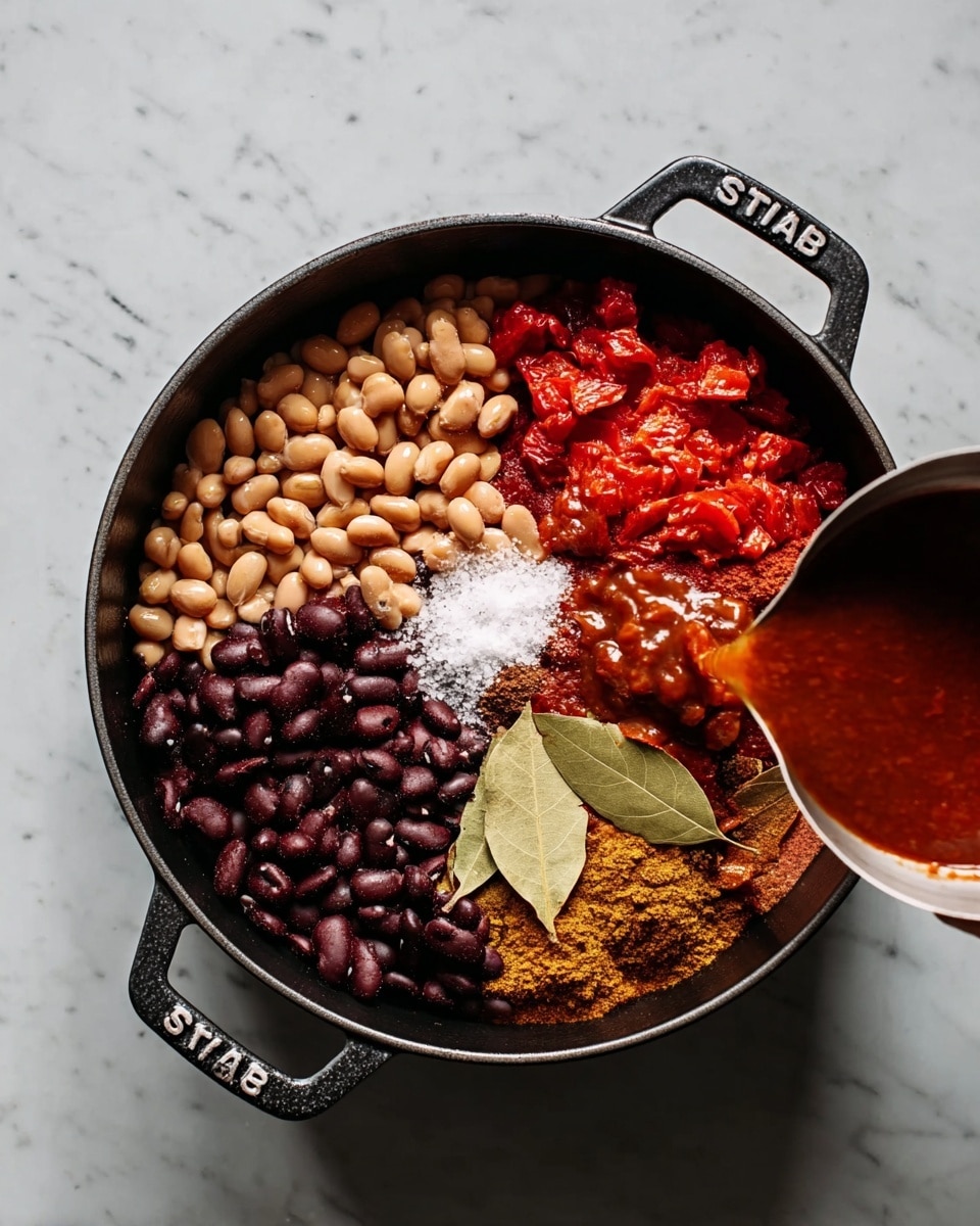 A black pot on a white marbled surface holds many layers of ingredients arranged separately. Starting from the top left side, there are light brown beans, next to them are pale brown beans, below those are red tomato pieces with a chunky texture. In the bottom left section, there are shiny black beans beside a white powder of salt. In the center, there are two bay leaves laying on top of a layer of brown and reddish spices, creating a warm, earthy color palette. A woman's hand pours a thick, reddish sauce into the bottom part of the pot. The pot is round, with two side handles marked