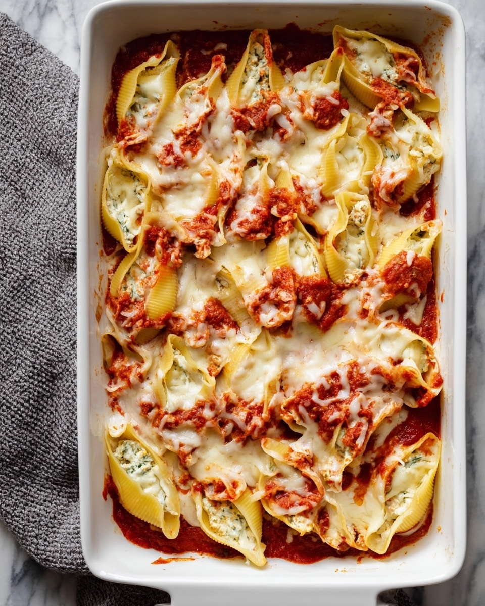 This image shows a white rectangular baking dish filled with stuffed pasta shells. The dish has a base layer of red tomato sauce spread evenly. On top of this are large yellow pasta shells filled with a white cheese mixture with little green flecks, arranged closely together. Another layer of tomato sauce is spooned over the shells in uneven patches. The top is covered with melted white cheese that looks stretchy and soft. The edges of the dish show some baked cheese slightly browned. The dish is placed on a white marbled surface with a gray textured cloth partly visible on the left. photo taken with an iphone --ar 4:5 --v 7