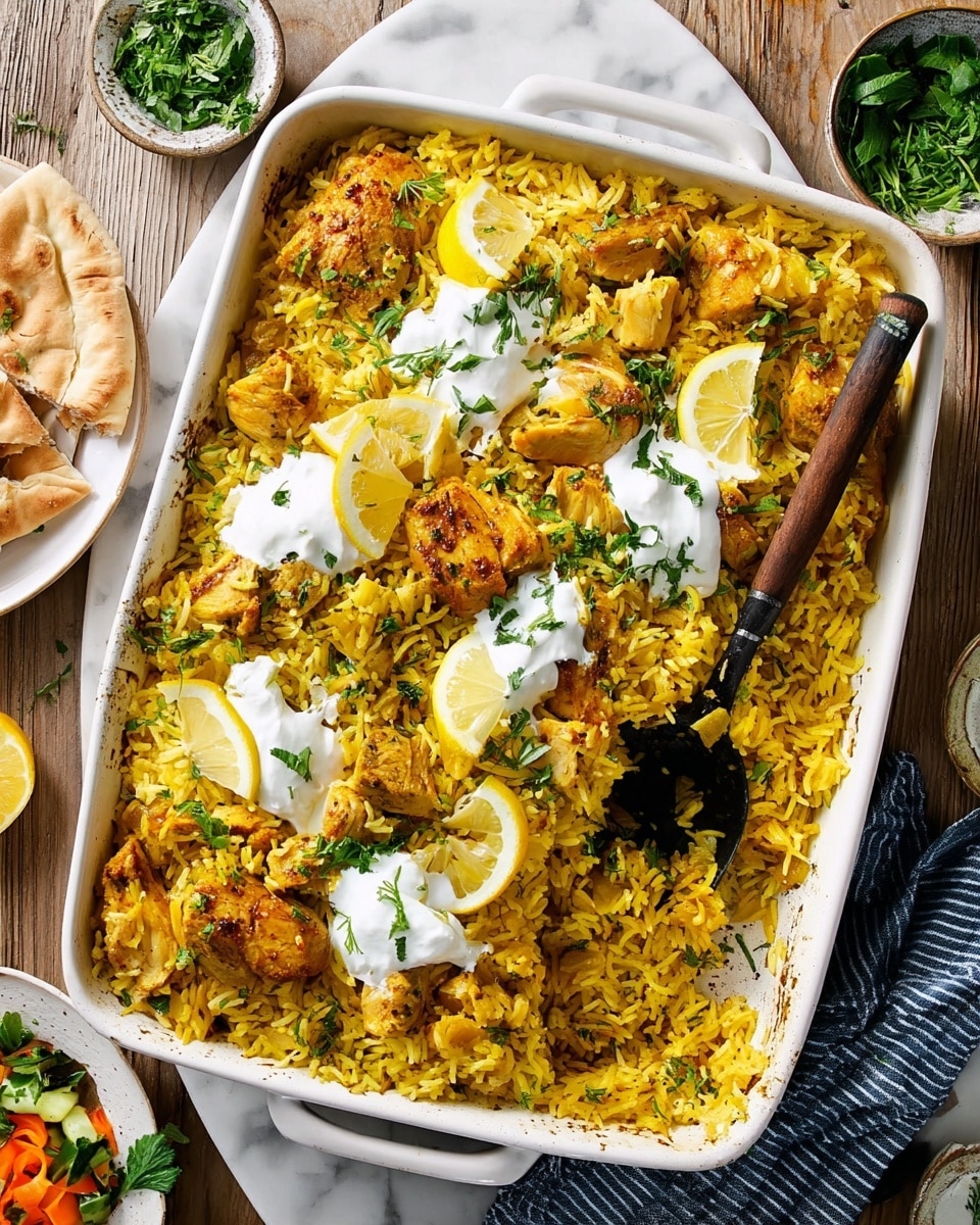A large white rectangular baking dish filled with yellow rice mixed with golden brown pieces of spiced chicken, scattered green herbs, and thin slices of lemon placed on top in groups of two or three. There are five dollops of white creamy sauce spread evenly across the surface, garnished with more chopped green herbs. A black serving spoon with a wooden handle rests inside the dish, slightly scooping some rice. The dish sits on a warm wooden table with a white marbled texture as the background. Around the dish, there are pieces of pita bread on a white plate, a small bowl of green herbs, a small bowl with orange-red and green fresh salad, and a gray kitchen towel with blue stripes. photo taken with an iphone --ar 4:5 --v 7