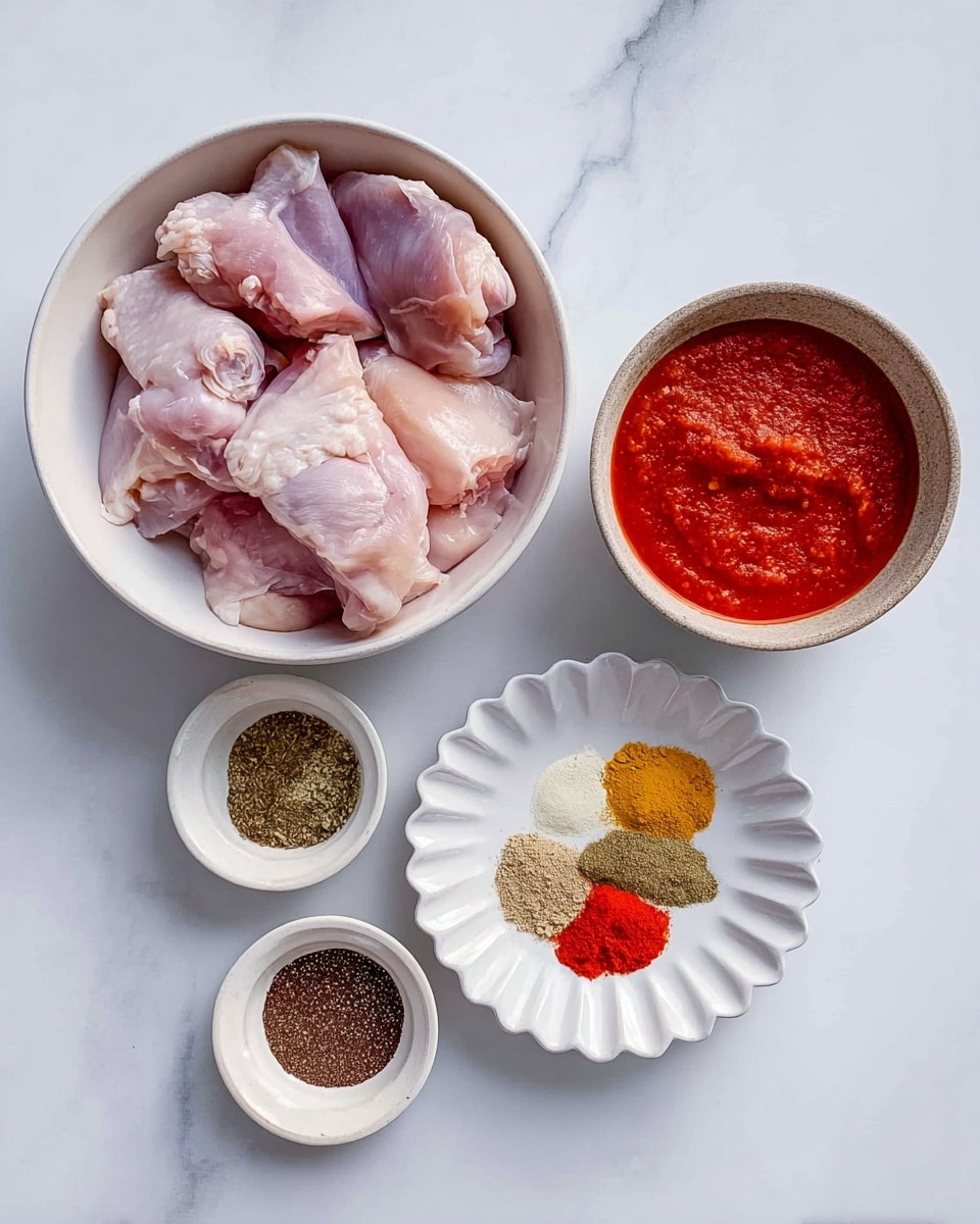 The image shows a top view of four white bowls on a white marbled surface. The biggest bowl, in the top left, holds raw chicken pieces in pale pink and light gray shades with smooth texture. To the right of it, a medium bowl contains a bright red, slightly chunky sauce. Below these, a small fluted bowl has five sections of spices: light pink salt, pale yellow minced garlic, deep red chili powder, mustard yellow turmeric, and dark brown cumin powder, all arranged neatly. The smallest bowl in the bottom left contains a fine, dark brown spice powder. photo taken with an iphone --ar 4:5 --v 7