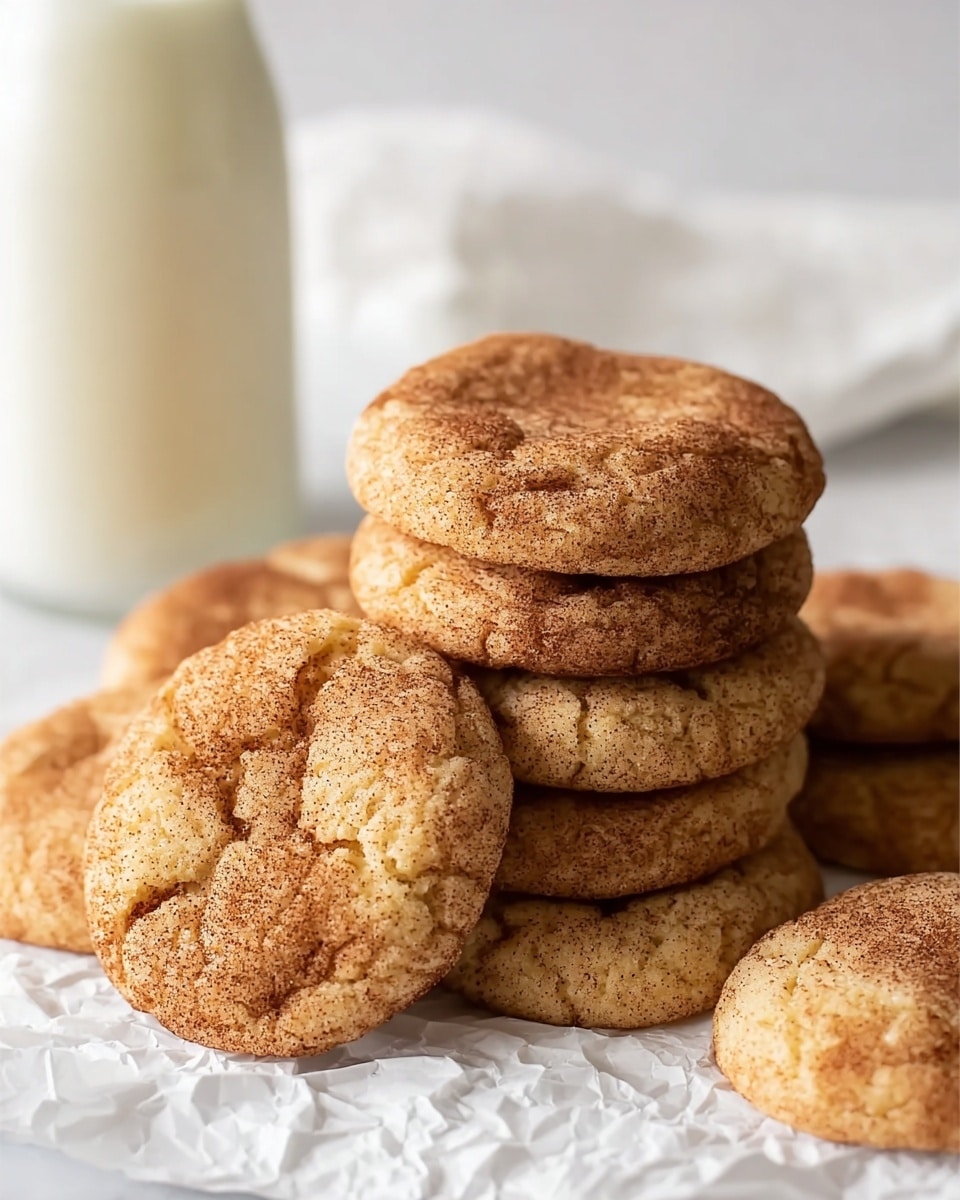 A pile of round cookies with cracked tops sits on crumpled white paper over a white marbled surface. Each cookie has a golden-brown color with darker cinnamon specks sprinkled all over, giving them a rough textured look. The cookies vary slightly in size and are stacked in a loose mound, with some overlapping. In the blurred background, there is a tall glass bottle filled with white milk. Photo taken with an iphone --ar 4:5 --v 7