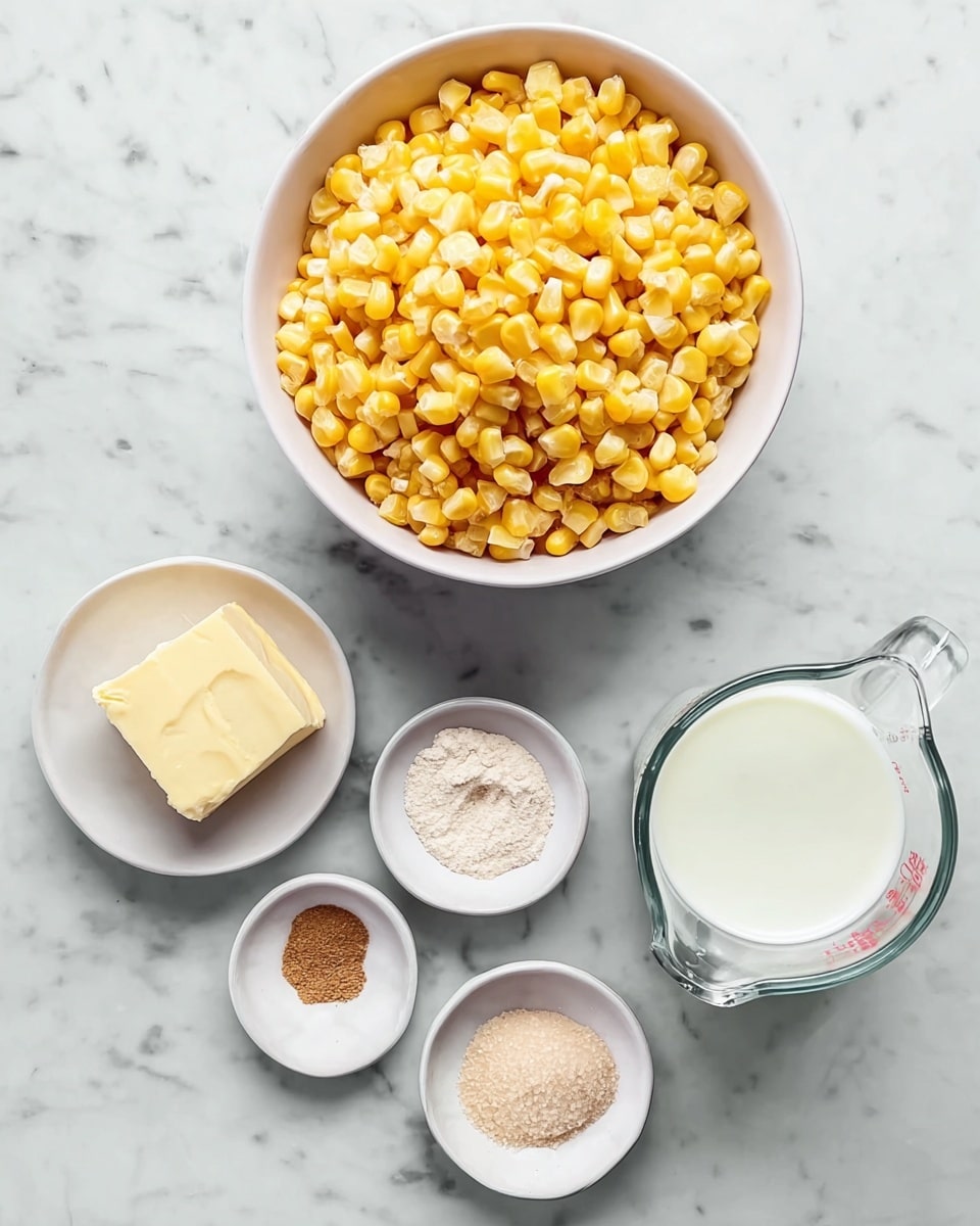 A white bowl filled with bright yellow corn kernels piled high sits on a white marbled surface, surrounded by four small white bowls each holding different seasonings: a light beige cube of butter, white salt crystals, pale beige powder, and brown spice powder. Nearby is a clear glass measuring cup filled with white liquid, all arranged neatly in a loose circular pattern. photo taken with an iphone --ar 4:5 --v 7