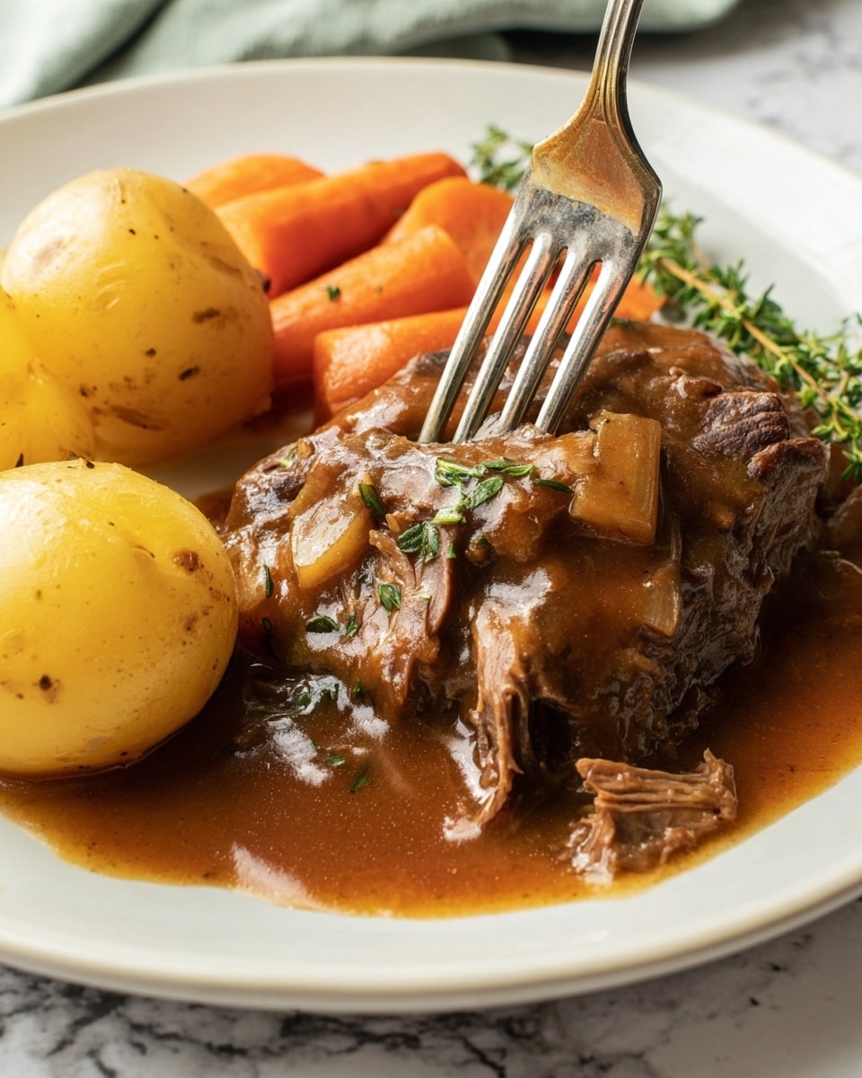 The image shows a white plate with a serving of stew. There are two whole yellow potatoes on the left side of the plate. In the middle, there is a thick piece of brown meat covered in rich brown gravy, with a silver fork piercing the top. Behind the meat, there are soft orange carrot slices, and some green herb sprigs are visible on the right side of the plate. The surface beneath the plate is a white marbled texture. The photo taken with an iphone --ar 4:5 --v 7