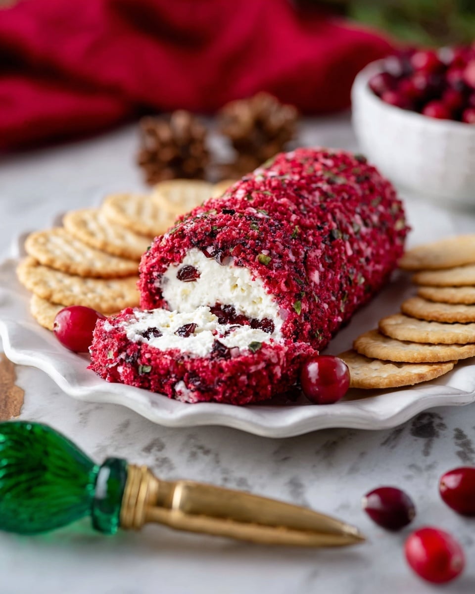 The image shows a white scalloped-edge plate on a white marbled surface. On the plate, there is a red cheesy roll shaped like a log, coated with finely chopped red and dark purple bits, likely cranberries or herbs, with a creamy white cheese center visible at the front. Surrounding the plate are light brown round crackers arranged loosely, with a few red whole cranberries scattered near the plate. In the front left corner, there is a green glass handle with a gold end visible. A blurred red cloth and a white bowl filled with cranberries appear in the background. Photo taken with an iphone --ar 4:5 --v 7