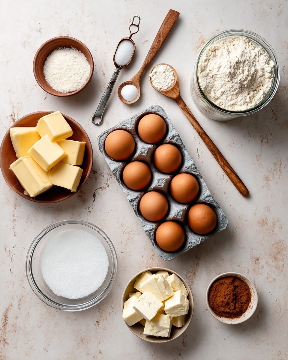 The image shows baking ingredients arranged neatly on a white marbled surface. In the center is a gray carton holding six brown eggs. To the left, there is a small brown bowl with several large pieces of yellow butter and two wooden spoons, one with a white powder and the other with a different white powder beside it. Below them is a short clear glass bowl with white granulated sugar and a metal measuring cup with a wooden handle set inside. Above the eggs are two small metal measuring spoons with wooden handles, one holding salt and the other empty. To the right of the eggs is a round glass jar filled with white flour and its lid resting open at an angle. Near the jar is another small brown bowl with creamy white cheese chunks. Far right at the edge is a small white bowl edged with brown, filled with brown cinnamon powder. photo taken with an iphone --ar 4:5 --v 7