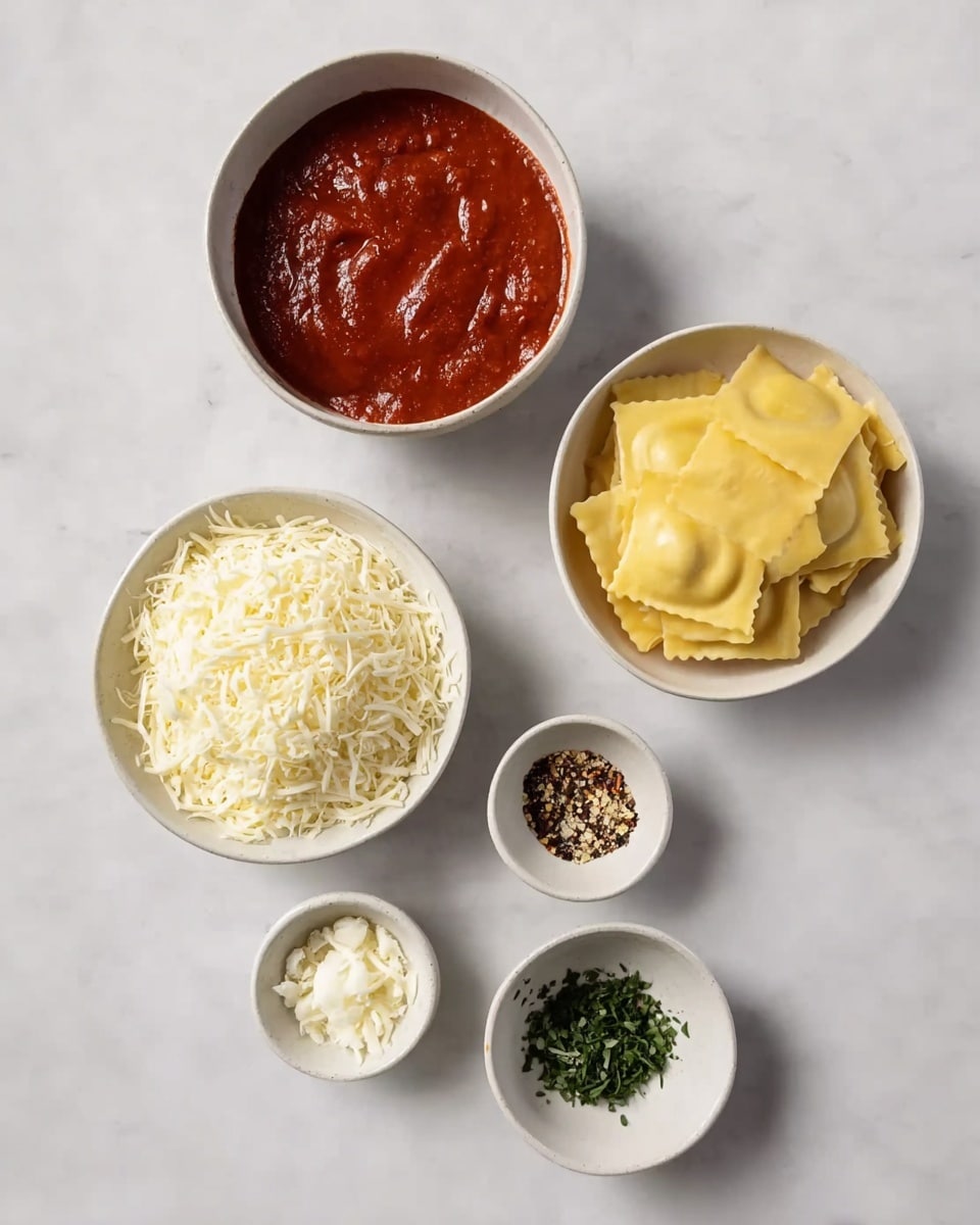 The image shows five white bowls arranged on a white marbled surface. The top right bowl holds a single layer of yellow ravioli with smooth edges. Below it and slightly left is a bowl filled with thick, red marinara sauce, showing a glossy texture. To the bottom left is a bowl of shredded white cheese, loosely piled. Near the bottom center, there is a small bowl filled with green chopped herbs, and to the far left sits another small bowl with white grated cheese. Above the marinara and to the left is a tiny bowl containing chili flakes and mixed black and white spices. The photo was taken with an iphone --ar 4:5 --v 7