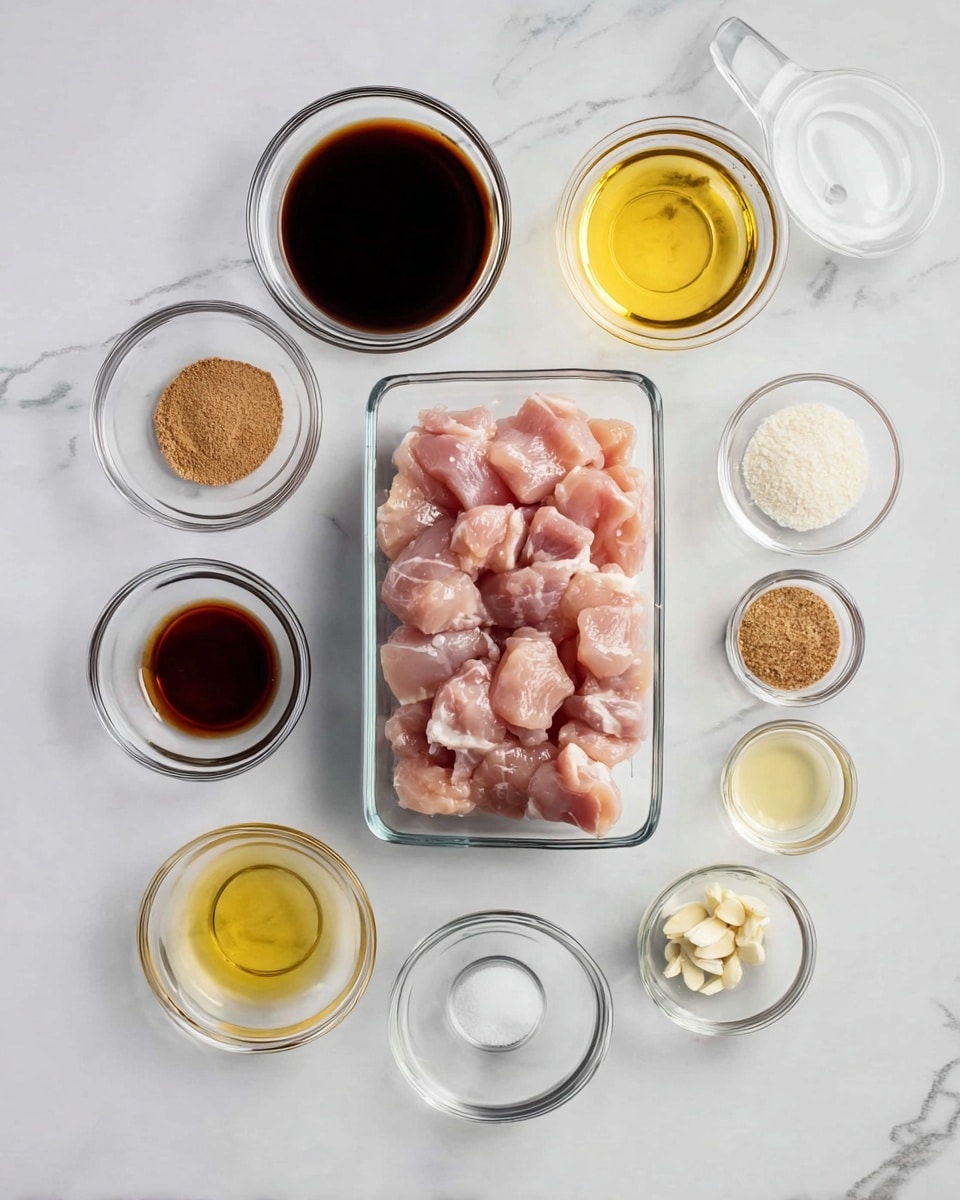 A rectangular clear glass container holds raw pieces of light pink chicken at the center of a white marbled surface. Around it, ten small clear glass bowls form a loose circle: starting top center and moving clockwise, a bowl with dark soy sauce, a measuring cup with water, a bowl with amber liquid, a bowl with pale oil, a bowl with bright yellow oil, a small bowl with dark brown liquid, a bowl with minced garlic, a bowl with white powder, a bowl with ground brown spice, and a bowl holding a packed light brown sugar cube. The jars and container are evenly spaced, with clean textures and colors in natural light. Photo taken with an iphone --ar 4:5 --v 7