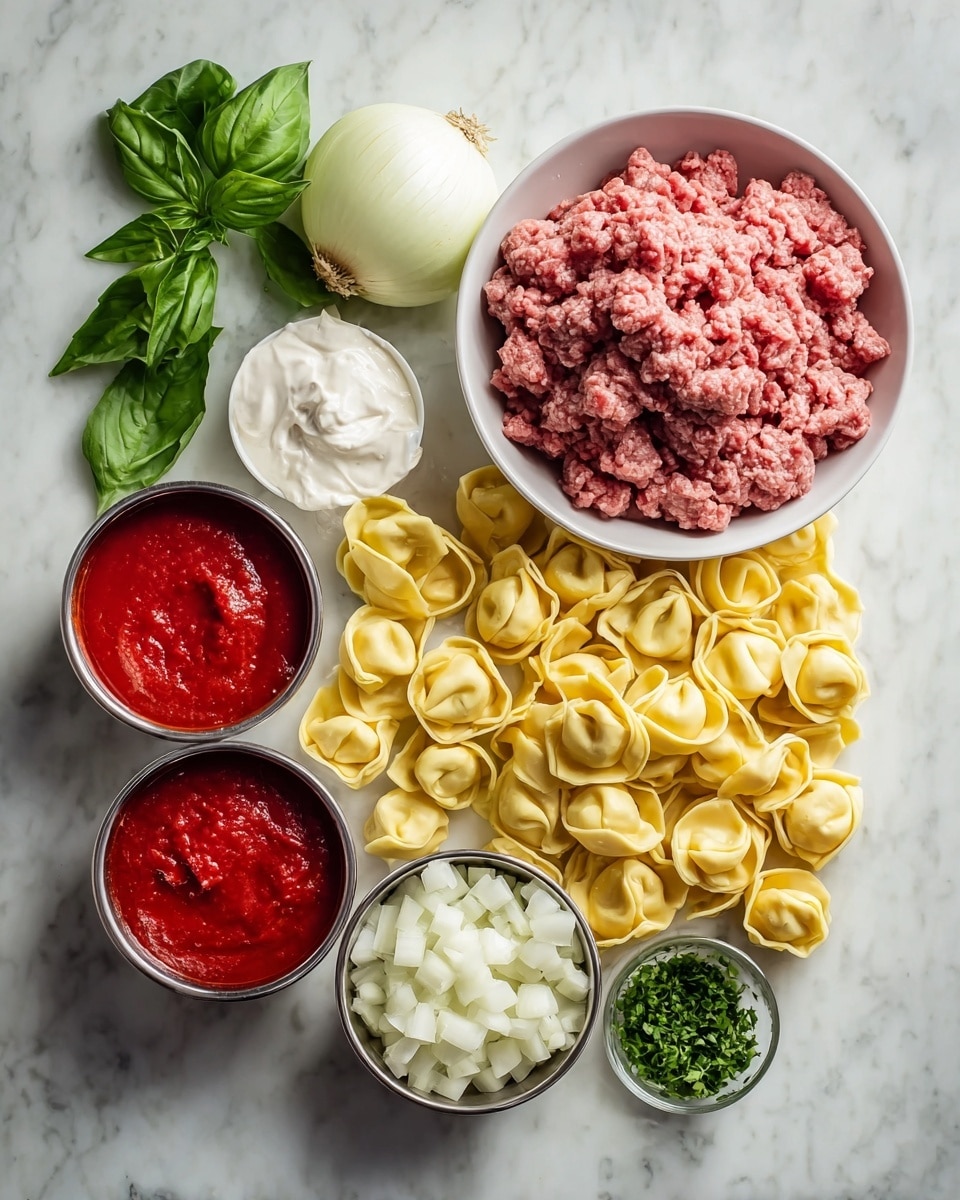 The image shows a group of raw cooking ingredients on a white marbled surface. In the top right is a white bowl filled with pink ground meat. Below that, a pile of yellow tortellini pasta is spread out. To the left of the pasta are two small metal bowls with red tomato sauce. Between the tomato sauces and the meat bowl are three smaller bowls: one with white creamy sauce, one with diced white onions, and a small pile of chopped green herbs near the bottom right. On the top left side of the image, a whole white onion and a bunch of fresh green basil leaves lie next to each other. The different textures from the soft meat, smooth sauces, firm onions, and fresh herbs make the image vivid and fresh. photo taken with an iphone --ar 4:5 --v 7