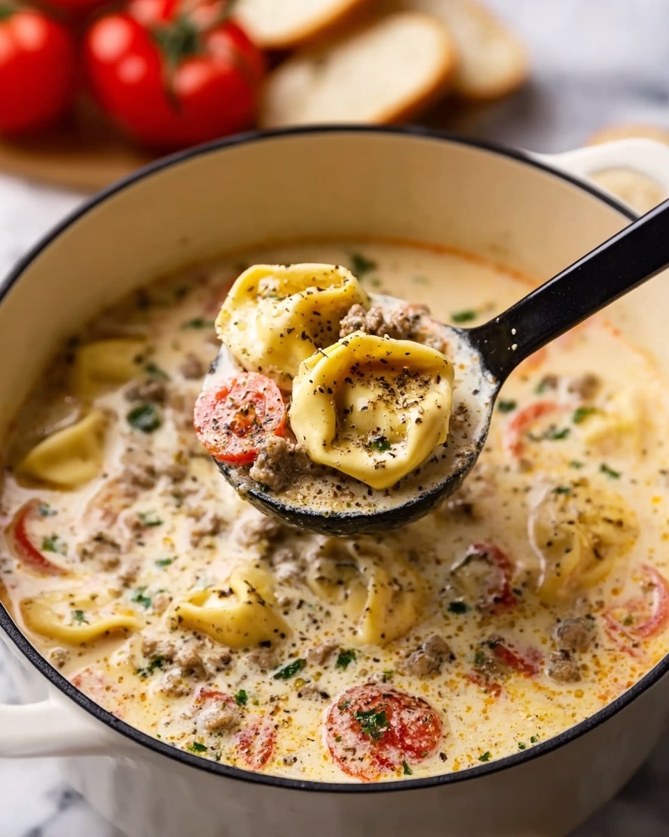 The image shows a close-up of a creamy soup inside a white pot with black rim. The soup has a light cream color with visible small pieces of ground meat, halved red tomatoes, and stuffed pasta shapes like tortellini floating in it. The pasta is a pale yellow with a smooth texture. Black pepper and green herbs are sprinkled on top, adding specks of black and green across the creamy surface. A black ladle is lifting a portion of the soup, showing a few pieces of pasta, meat, and tomato clearly. In the background, out of focus, are slices of bread and whole red tomatoes placed on a white marbled surface. photo taken with an iphone --ar 4:5 --v 7