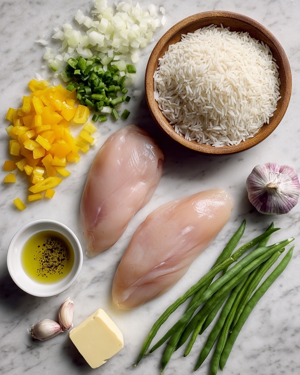 The image shows two raw pale pink chicken fillets placed side by side on a white marbled surface. Above them, there is a wooden bowl filled with white uncooked rice grains. To the left, there are neatly chopped ingredients in three small piles: bright yellow bell pepper, white onion, and green bell pepper. Surrounding these ingredients are several whole green beans placed at the top and bottom right of the image. Near the bottom left, there is a small white bowl containing olive oil with salt and black pepper sprinkled on top. Next to this bowl are a few garlic cloves and a peeled garlic head, along with a square piece of pale yellow butter. The overall layout is clean and organized. Photo taken with an iphone --ar 4:5 --v 7