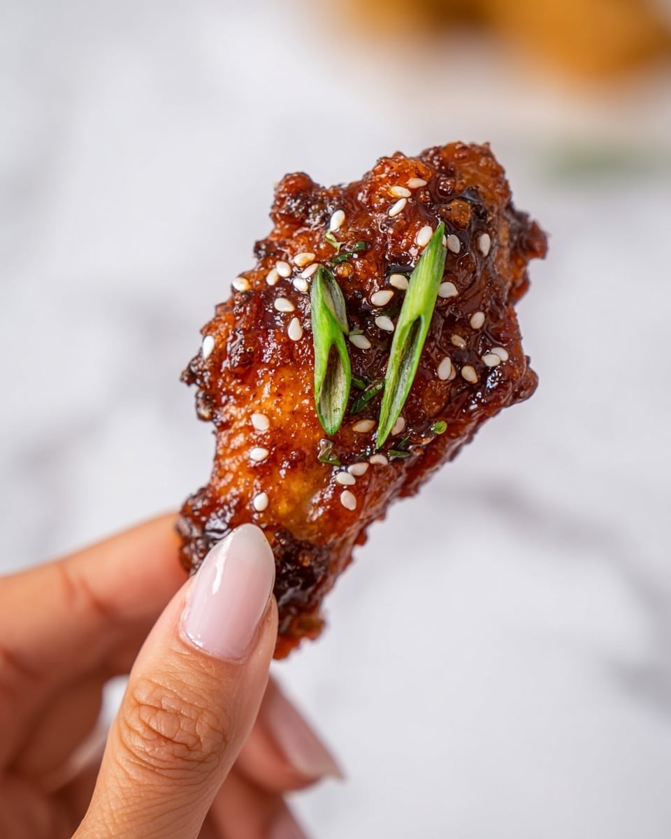 A close-up of a single crispy chicken wing held between a woman's thumb and forefinger with neatly manicured nails. The chicken wing is coated with a shiny dark reddish-brown sauce, sprinkled evenly with white sesame seeds. Two small bright green scallion pieces sit on top, adding a fresh color contrast. The background is softly blurred and features a white marbled texture. photo taken with an iphone --ar 4:5 --v 7