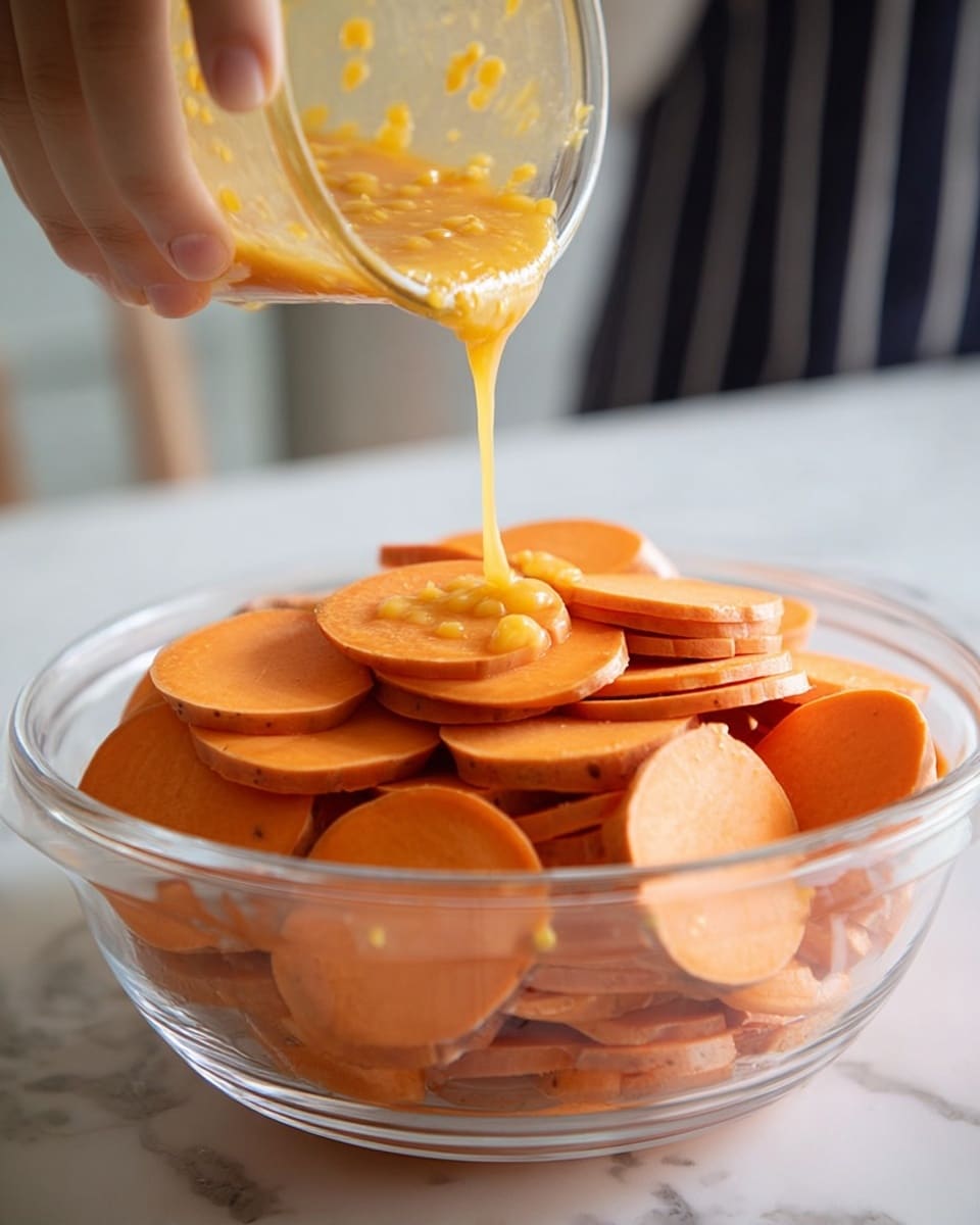 A clear glass bowl is filled with three layers of round, orange sweet potato slices. A golden yellow sauce with small bits is being poured over the sweet potato slices from above. The bowl sits on a white marbled surface with a blurred figure in the background wearing a striped apron. The texture of the sauce is smooth and flowing, covering the top layer of the neatly stacked sweet potato slices. photo taken with an iphone --ar 4:5 --v 7