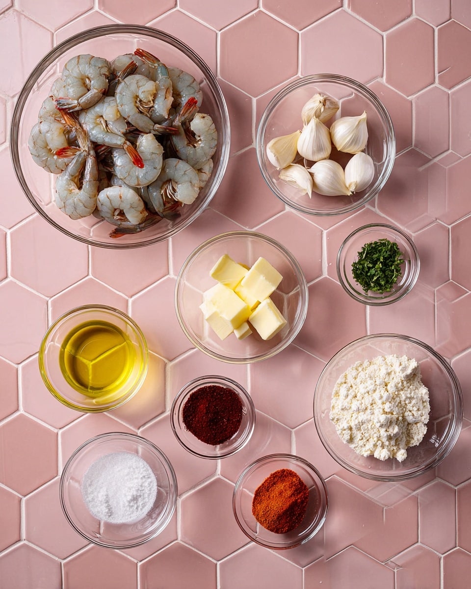 The image shows nine clear glass bowls placed on a pink hexagonal tile surface. The largest bowl at the top left is filled with raw shrimp with shells on, arranged in a loose pile showing their grayish-blue and orange tones. Directly below, there is a smaller bowl filled with a dark red spice powder, then a bowl of light yellow olive oil to its left. To the right of the spice bowl is a medium bowl with several pale yellow butter cubes. Above the butter, a small bowl with light yellow liquid, possibly lemon juice, is placed centrally. To the right edge, a large bowl holds peeled garlic cloves in a soft white color, below it is a medium bowl with white flour, then a small bowl with finely chopped green herbs. At the bottom right corner, a smallest bowl contains bright orange-red powder. In the center top between the garlic and shrimp bowls is a small bowl filled with coarse white salt. The whole arrangement is neat and evenly spaced on the pink tile. Photo taken with an iphone --ar 4:5 --v 7
