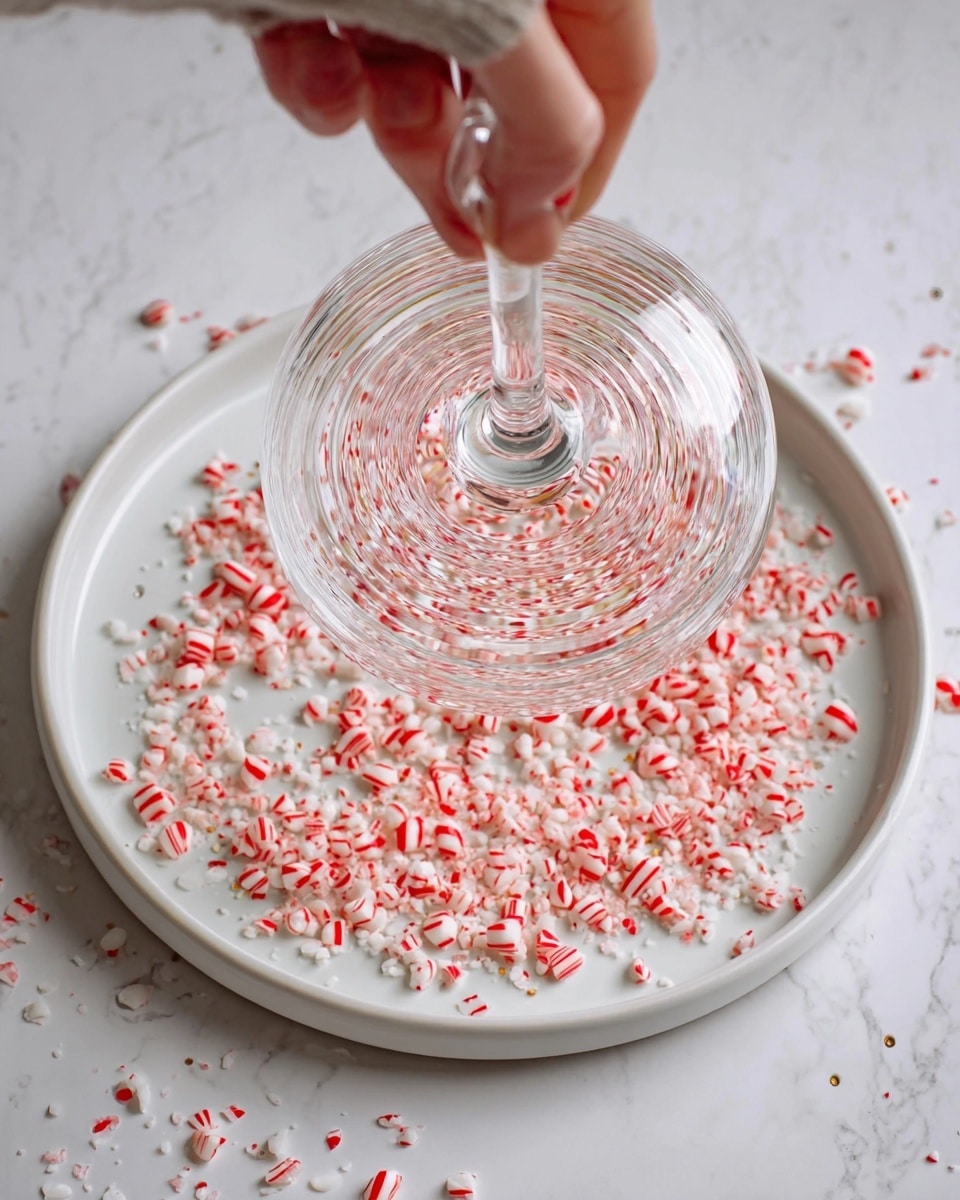 A close-up image showing a transparent glass with a ridged texture pressed upside down onto a white plate filled with small red and white peppermint candy pieces scattered underneath and around the glass. A woman's hand is gently holding the glass stem from above. The whole scene sits on a white marbled surface. photo taken with an iphone --ar 4:5 --v 7