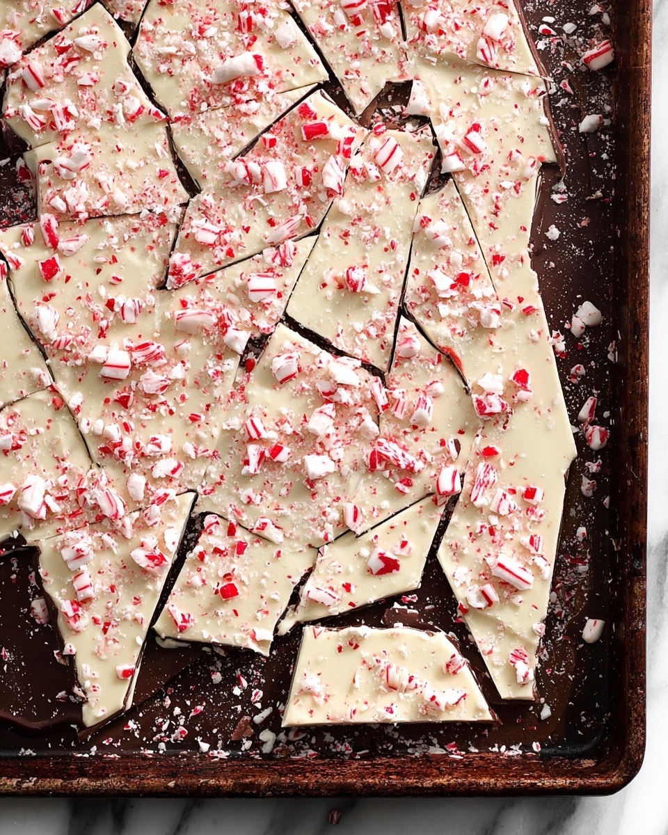 The image shows a large baking tray filled with peppermint bark, broken into uneven pieces. The bark has two distinct layers: the bottom layer is dark brown, smooth, and glossy, while the top layer is creamy white with a slightly rough texture. Scattered all over the white layer are crushed red and white peppermint candies, some in small chunks and others finely crushed, giving a speckled red and white pattern. The tray itself is rustic and dark, with some peppermint bits fallen around the edges, and the background is a white marbled surface. photo taken with an iphone --ar 4:5 --v 7