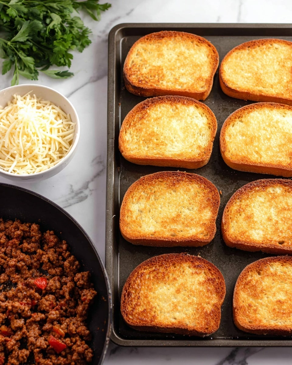 The image shows eight pieces of golden toasted bread arranged in two vertical rows on a dark baking tray, with a crispy texture and evenly browned edges. To the bottom left of the tray, a black pan filled with cooked ground meat mixed with small red tomato pieces is visible, showing a rich, crumbly texture. A small white bowl filled with shredded cheese and a bunch of fresh green herbs are placed behind the pan on a white marbled surface. The scene has soft natural lighting highlighting the warm colors and textures of the toasted bread and meat. Photo taken with an iphone --ar 4:5 --v 7
