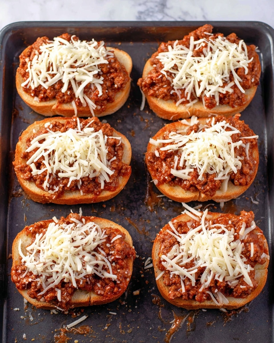 The image shows six small open-faced sandwiches arranged in two columns of three on a dark baking tray. Each sandwich has a single thick golden-brown bread layer as the base. On top of each bread layer, there is a thick layer of cooked ground meat in a reddish sauce, giving a moist, chunky texture. Finally, shredded white cheese is sprinkled over the meat on each sandwich. Some cheese pieces are scattered on the tray as well. The background is not visible, replaced by a white marbled surface. photo taken with an iphone --ar 4:5 --v 7