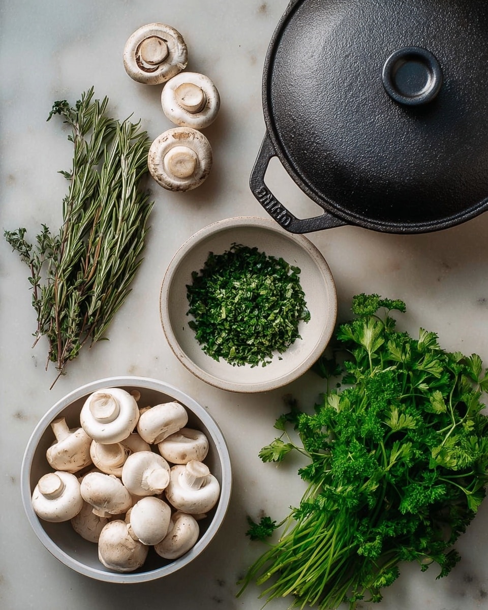 The image shows a white bowl filled with whole white mushrooms in the bottom left and another white bowl filled with finely chopped green herbs near the center. To the left of the bowls, there are five whole white mushrooms placed directly on the white marbled surface. Above the bowls, there is a bundle of fresh rosemary with thin green needles. To the right of the chopped herbs, a black cast iron pot with a lid is visible. On the right side, there is a bunch of fresh bright green parsley with leafy stems spread out. The background is a white marbled texture. photo taken with an iphone --ar 4:5 --v 7
