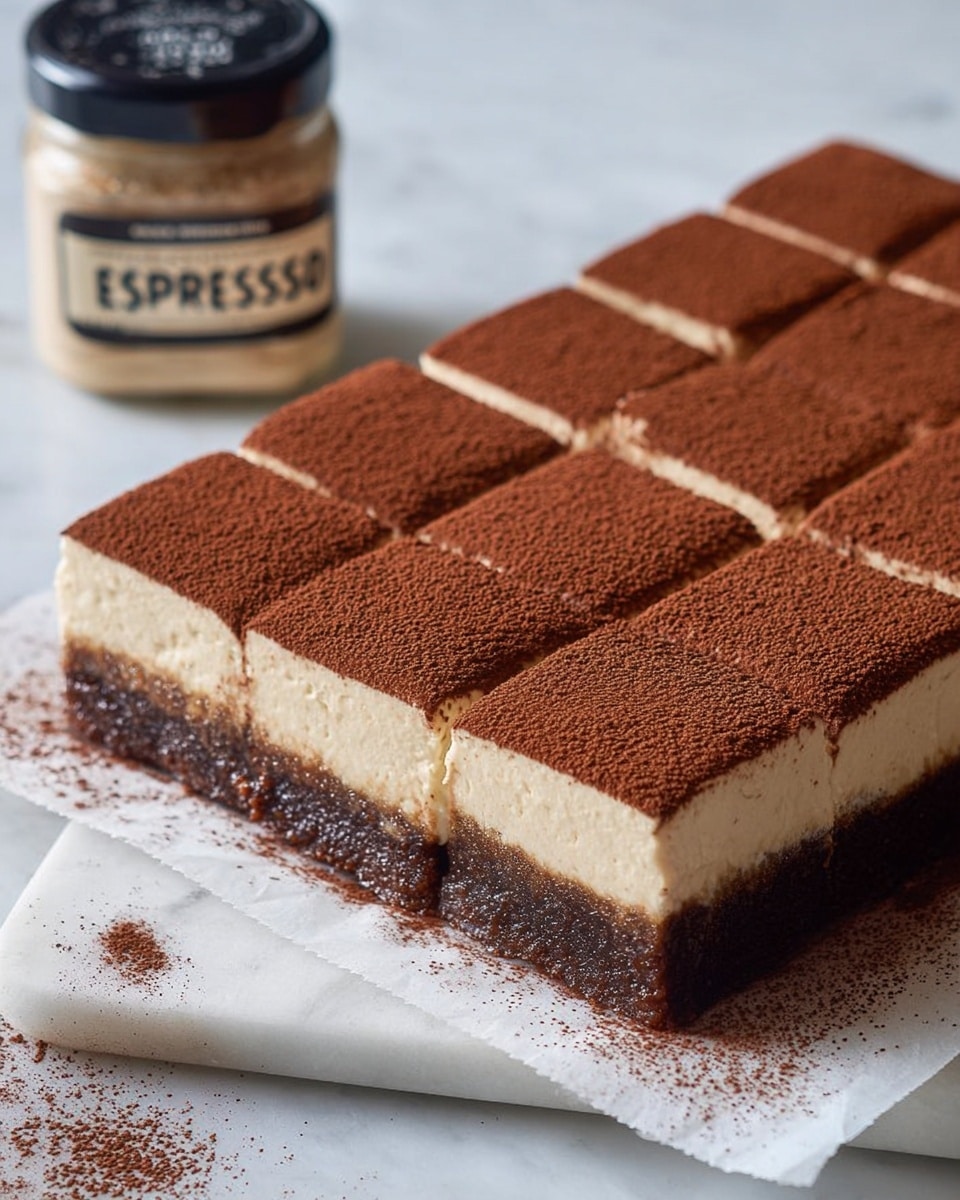 The image shows a square dessert divided into nine pieces on white parchment paper, placed on a white marbled surface. The dessert has three layers: the bottom layer is a dark brown, dense cake base, the middle layer is a thick, light beige creamy layer, and the top is a smooth dusting of fine cocoa powder covering the entire surface. The edges reveal the clear separation between the layers and the cocoa powder is slightly scattered around the dessert on the parchment. In the background, slightly out of focus, there is a jar with a black lid labeled