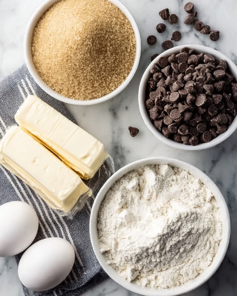 The image shows a white bowl filled halfway with light brown sugar on the left and white sugar on the right, side by side. Next to it on the right is a smaller white bowl filled with dark brown chocolate chips. Below, there is a larger white bowl filled with white flour with a swirl texture on the surface. On the left side, there are two sticks of butter laid diagonally, each wrapped and labeled