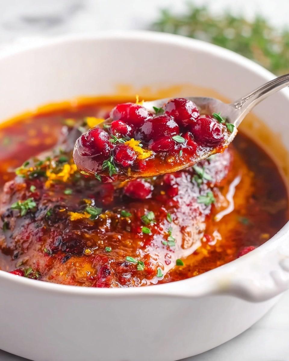 A white bowl holds a juicy piece of cooked meat covered in a shiny, reddish-brown sauce. The sauce has visible whole red berries and small green herb leaves scattered on top and in the sauce. A silver spoon is lifting some of the sauce with berries above the meat, showing a glossy texture and bright orange zest bits. The white marbled surface around the bowl adds a clean and fresh look. Photo taken with an iphone --ar 4:5 --v 7