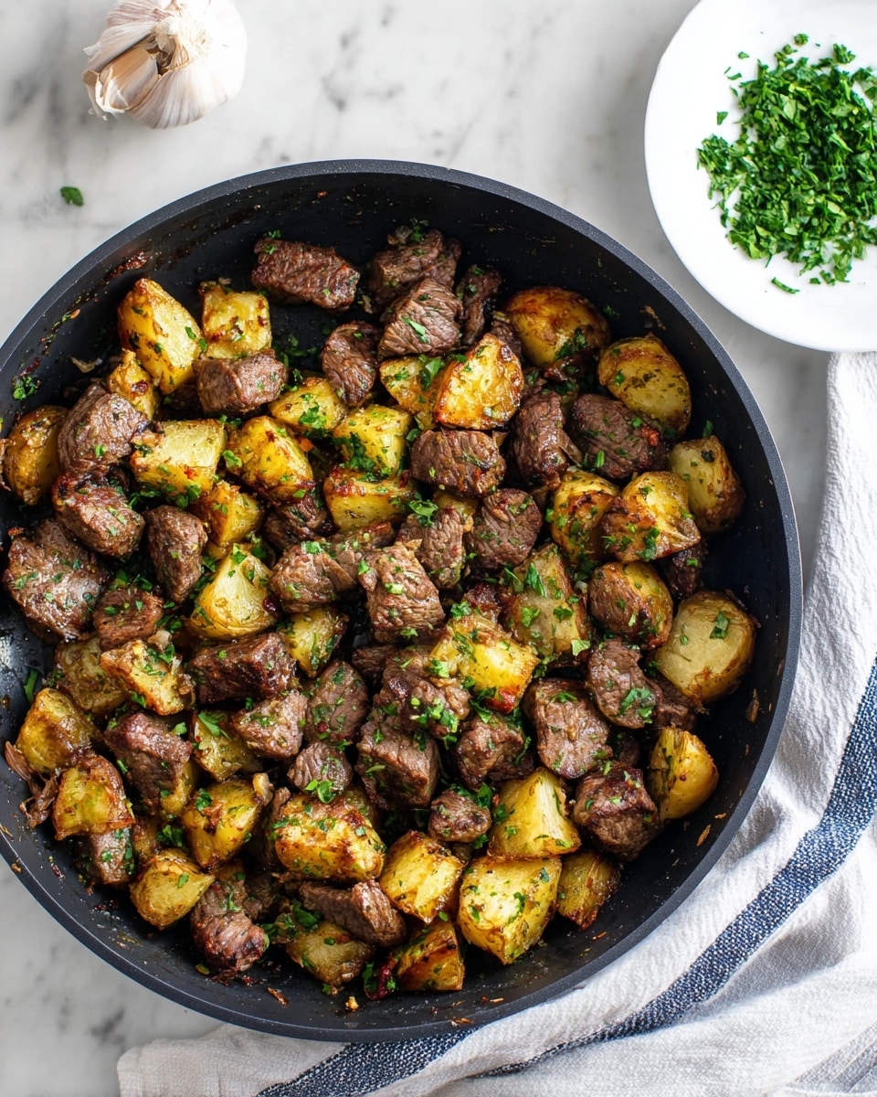 The image shows a black pan filled with bite-sized pieces of browned meat and golden roasted potato chunks mixed together, all sprinkled with green chopped herbs. The pan is placed on a white marbled surface next to a small white plate holding extra chopped green herbs. A white and blue striped cloth towel is partially visible at the bottom right corner. The lighting is bright and natural, highlighting the textures of the cooked meat and potatoes, with a garlic bulb faintly seen near the top part of the image. photo taken with an iphone --ar 4:5 --v 7