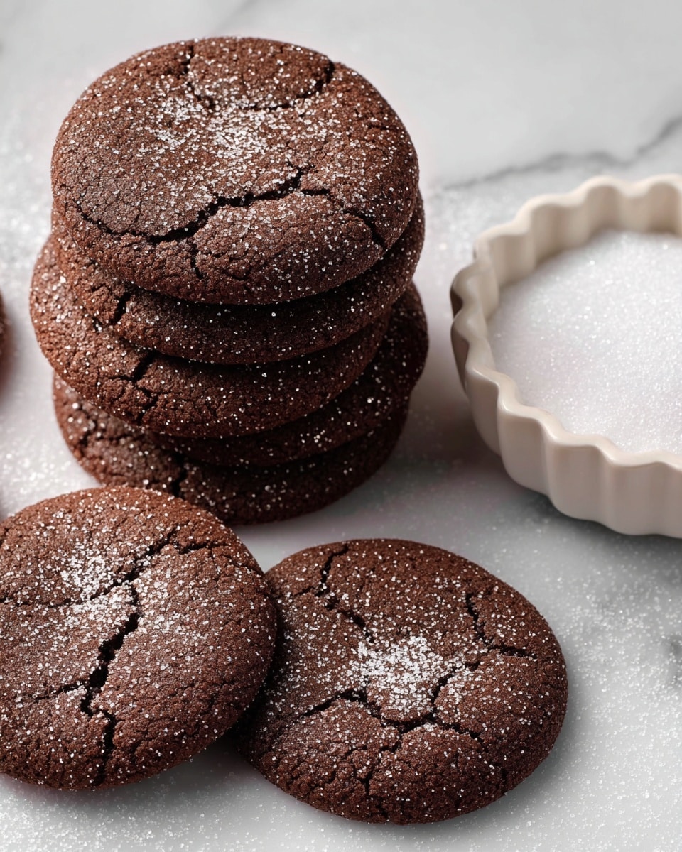 A group of round, dark brown chocolate cookies with a cracked surface are stacked closely together on a white marbled texture. The cookies have a light dusting of fine white sugar on top, giving a sparkling effect. To the right side of the cookies, there is a white scalloped bowl filled with fine white sugar. The overall scene is bright and clean, highlighting the rich color and texture of the cookies. photo taken with an iphone --ar 4:5 --v 7