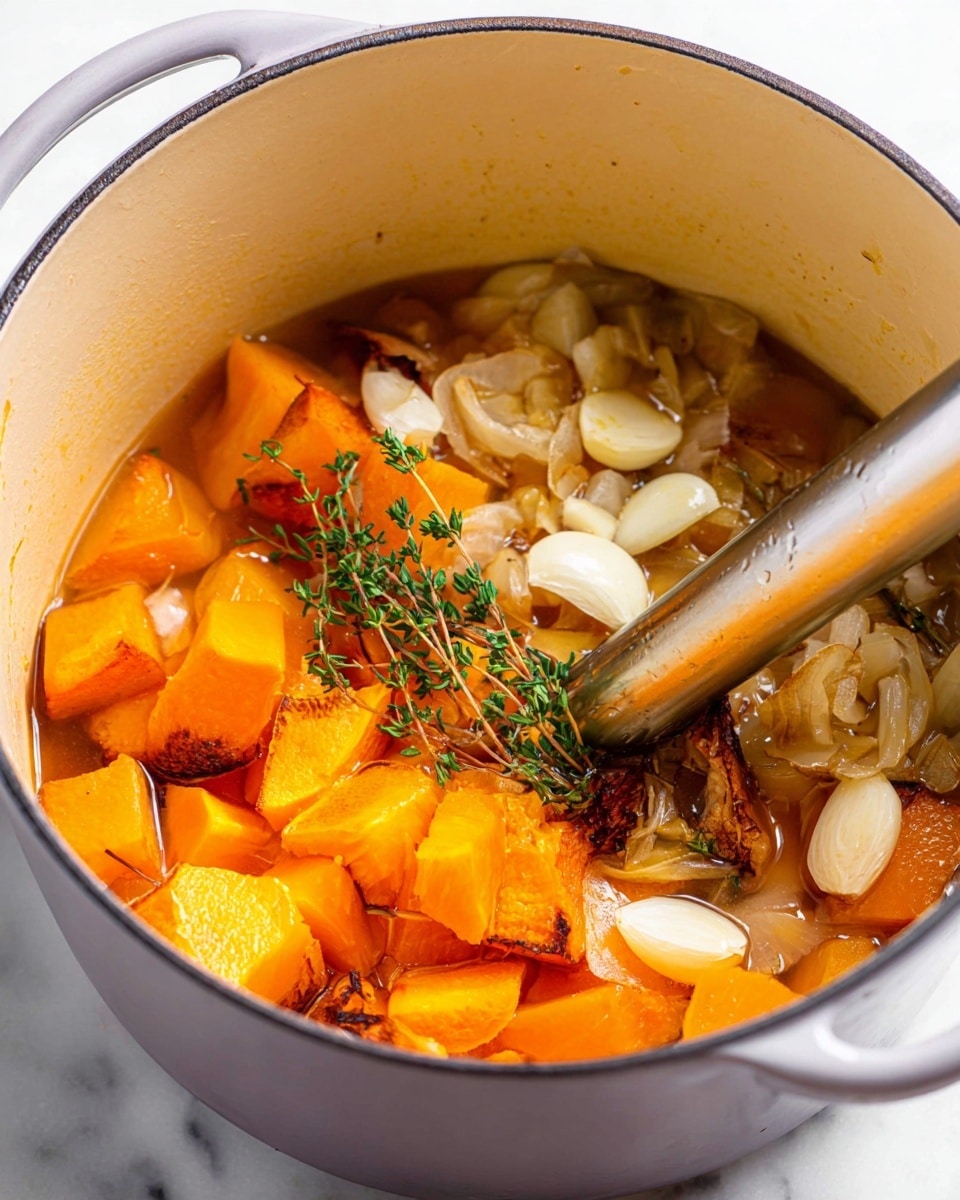 A close-up view of a white pot filled with a warm soup showing three main layers: at the bottom, soft orange chunks of roasted squash with some slightly charred edges; above that, sautéed light golden onions with translucent and slightly browned parts; on top, whole peeled garlic cloves and fresh green sprigs of thyme adding color contrast. A silver immersion blender is partially dipped into the soup, blending the layers together. The pot rests on a white marbled surface. photo taken with an iphone --ar 4:5 --v 7