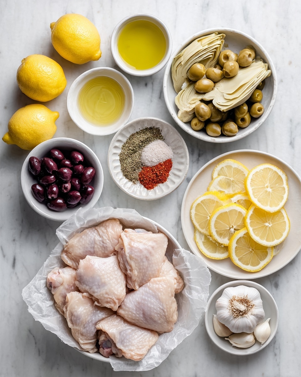 The image shows a top view of several bowls and plates on a white marbled surface. In the lower right, there is a white bowl lined with parchment paper holding seven raw chicken thighs with skin. To its left, a small white bowl contains clear liquid, likely oil, and above that, another white bowl is filled with green olives. Above the olives, a white bowl contains sliced artichoke hearts, pale yellow and soft in texture. To the right of the artichokes, a white plate holds six bright yellow lemon slices arranged overlapping in a neat stack. Above the lemon slices, a white bowl contains three kinds of dry spices closely placed together, featuring red flakes, pale powder, and green dried herbs. To the right side of the spices, there is a whole garlic bulb with several loose cloves on a small white dish beneath it. At the upper middle left, a small white bowl is filled with dark purple olives that are glossy and smooth. Two halved lemons with bright yellow flesh and white rind are placed in the top left corner. Photo taken with an iphone --ar 4:5 --v 7