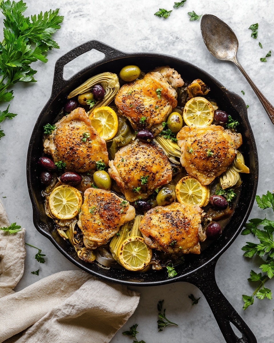 A black cast iron skillet filled with six golden-brown chicken thighs sitting on top of a mix of roasted artichokes, green and dark olives, and lemon slices. The chicken thighs are crispy with black pepper sprinkled on them. The lemon slices are bright yellow with some light charring. Fresh green parsley leaves are scattered on top for color. The skillet is placed on a white marbled surface with a light beige cloth nearby and some parsley sprigs and a spoon close around it. Photo taken with an iphone --ar 4:5 --v 7