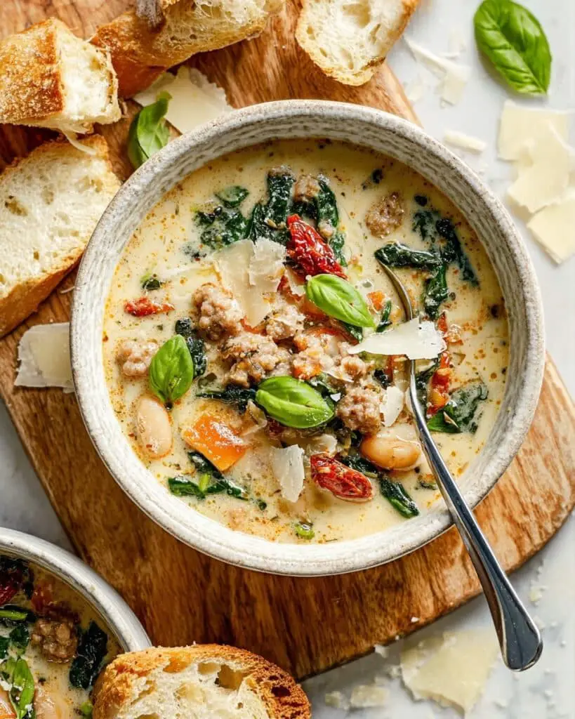 Creamy Tuscan White Bean Soup with Spicy Italian Sausage and Fresh Veggies Recipe