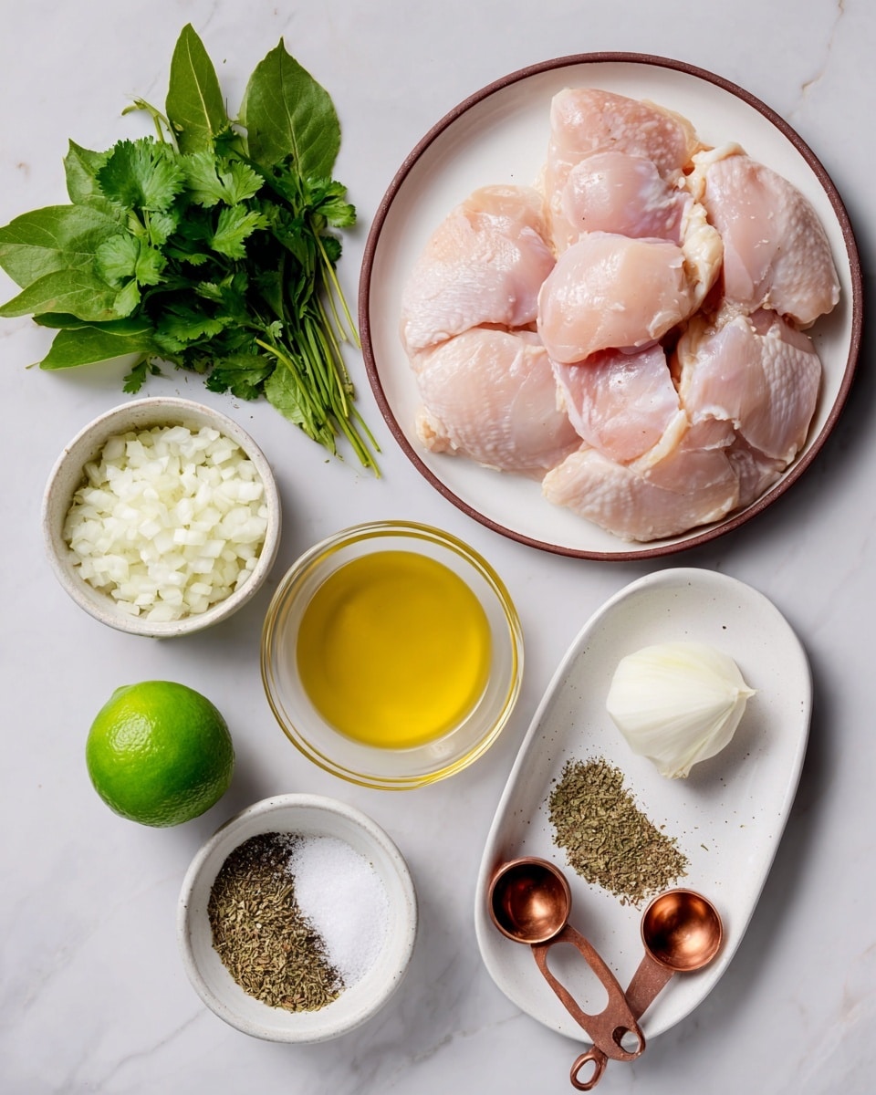 The image shows raw chicken pieces placed on a white plate with a thin brown rim, positioned at the top right. Below and to the left are fresh green herb leaves, a whole lime, and small white bowls with chopped white onions, minced garlic and ginger, and white liquid, likely coconut milk. There is a clear glass bowl with yellow oil below the white liquid, an oval white dish divided with coarse salt crystals on one side and black pepper on the other, and two copper measuring spoons filled with dried herbs and a brown liquid. All ingredients are arranged neatly on a white marbled surface. Photo taken with an iphone --ar 4:5 --v 7