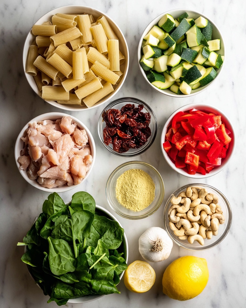 Creamy Sun-Dried Tomato Chicken Pasta (Dairy-Free Version) Recipe 4 The image shows nine ingredients arranged on a white marbled surface. There is a white bowl at the top left filled with uncooked rigatoni pasta, with its light beige cylindrical tubes stacked evenly. To its right, a white bowl holds chopped green zucchini pieces, showing a mix of light and dark green skin with pale green inside. Below them, a white bowl contains bright red chopped bell pepper chunks. To the left, a white bowl is filled with small pieces of raw pink chicken. In the center, a small clear glass bowl holds dark reddish-brown sun-dried tomatoes with a wrinkled texture. A smaller clear glass bowl to the right contains pale yellow powder, likely a seasoning. Below this, another clear glass bowl is filled with light beige cashew nuts. In the bottom left, a white bowl is full of fresh, dark green spinach leaves with smooth and slightly curved textures. Near the bottom right, a whole yellow lemon sits on the surface. A single peeled white garlic clove lies near the center right, next to the seasoning bowl. The photo was taken with an iphone --ar 4:5 --v 7