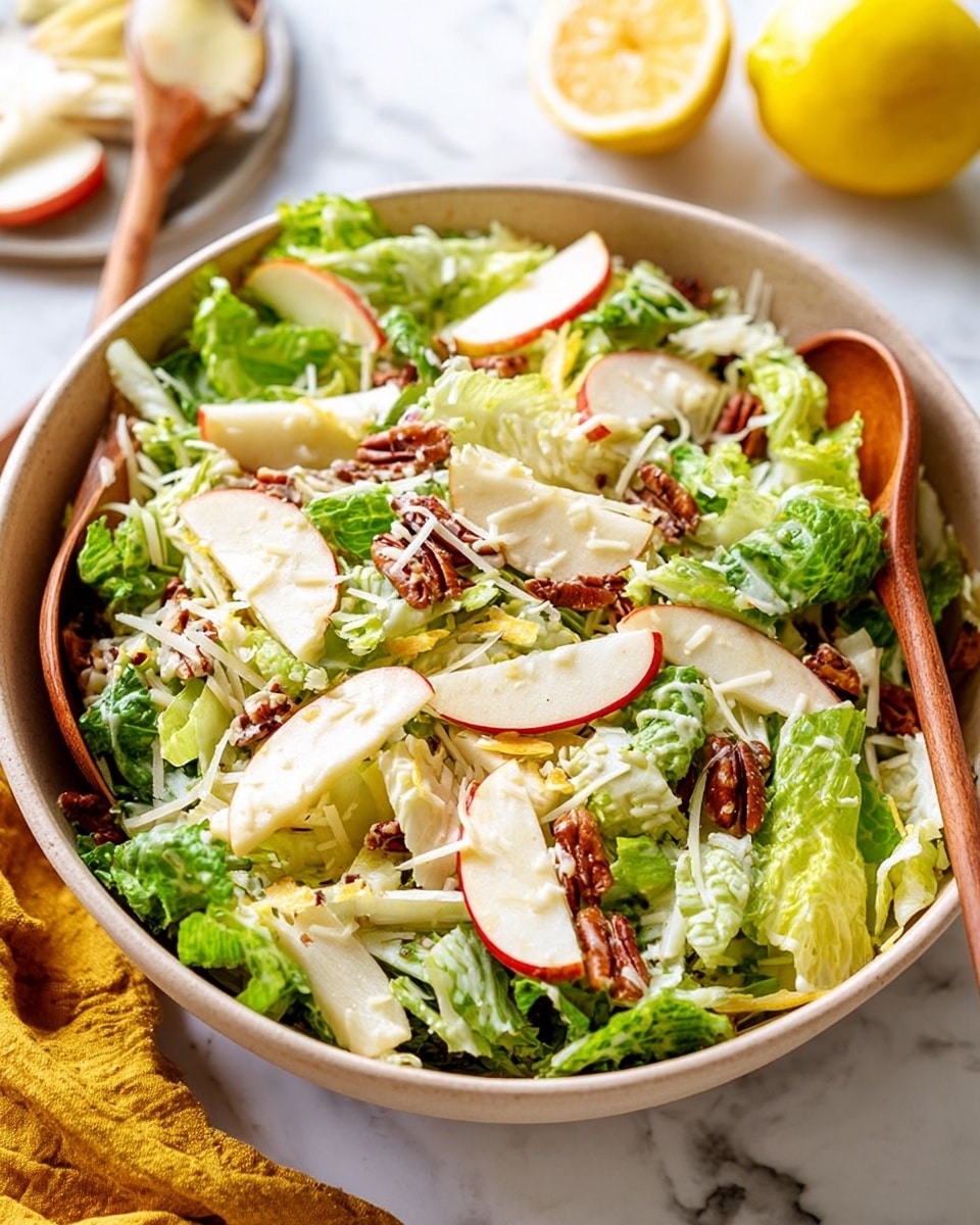 A large beige bowl filled with a fresh salad showing several layers: the base is bright green lettuce leaves with a crisp texture; on top are thin, light pink apple slices with red edges arranged in small clusters; scattered throughout are small brown candied pecans adding a rough texture; thin pale yellow cheese shreds are mixed evenly within; light creamy dressing is drizzled over the salad creating a slight shine; lemon wedges with bright yellow skin are tucked on the sides of the bowl; two wooden salad servers peek from under the salad on the left and right sides; the bowl is placed on a white marbled surface with a blurred background including a yellow lemon wedge, a sliced apple, and a yellow cloth nearby photo taken with an iphone --ar 4:5 --v 7