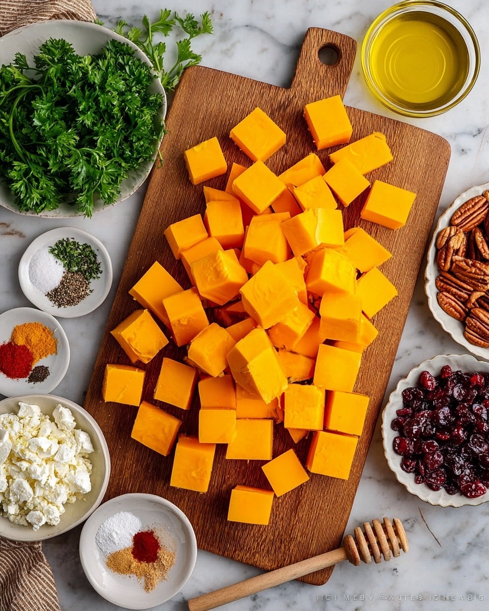 The image shows a wooden board covered with many bright orange, cubed pieces of squash placed in a scattered pile. Surrounding the board, there are several small white bowls: one with fresh green parsley leaves on the left, one with white crumbly cheese next to it, one filled with brown pecan halves behind the squash, and another one with dark red dried cranberries on the right. There is also a round white dish with different spices arranged in small piles: black pepper, red chili powder, salt, and light brown garlic powder near the top left. A small glass bowl with golden olive oil sits behind the squash closer to the top center. To the far right, there is a glass jar of honey with a wooden honey dipper inside it. A white knife with a wooden handle rests on the right edge of the wooden board. All this is set on a white marbled surface. photo taken with an iphone --ar 4:5 --v 7