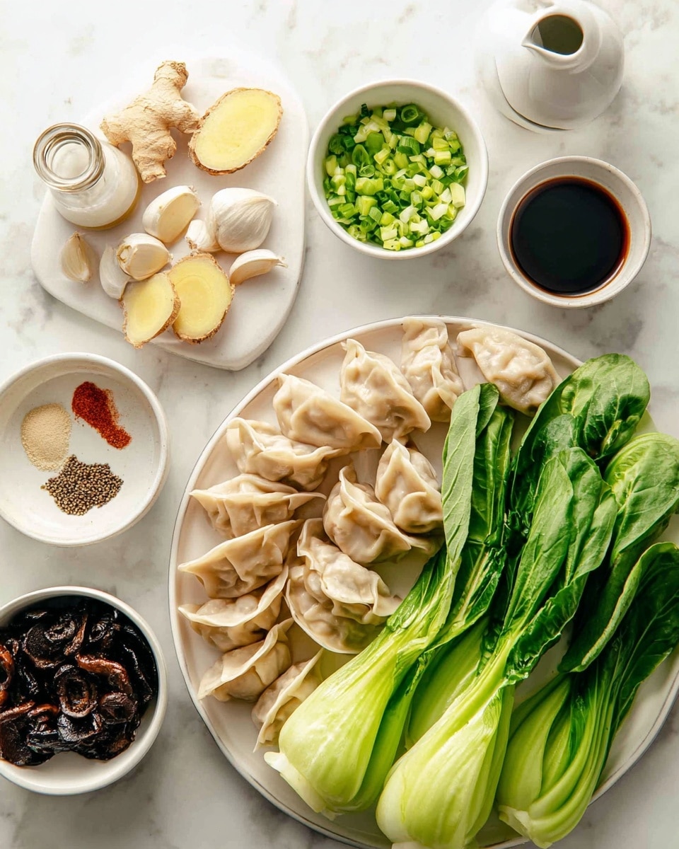 The image shows a white round plate full of dumplings with pale beige, slightly wrinkled skins arranged in a loose pile near the center right. To the right of the dumplings, fresh green bok choy with bright leaves and light green stems lies parallel to the plate. Above the dumplings is a small white bowl packed with chopped green onions that are light to dark green in color. Above that bowl is a small white cup with dark brown soy sauce. On the left side of the image, there is a white round plate with three peeled garlic cloves, a piece of fresh ginger root, and three small white bowls containing black pepper with olive oil, dark sauce, and light sauce. Below that setup is a white bowl full of dark brown dried shiitake mushrooms. The whole scene is set on a white marbled surface. Photo taken with an iphone --ar 4:5 --v 7