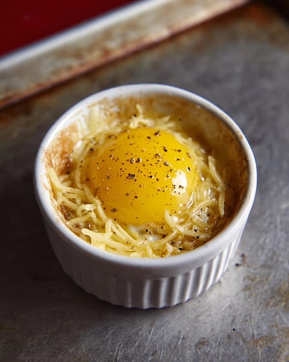 A small white ramekin filled with three layers: the bottom layer is light brown and crumbly, the middle layer is a heap of thin, melted pale yellow cheese strands, and the top layer is a bright, glossy yellow egg yolk sprinkled with some black pepper. The ramekin sits on a worn metal tray that has some spots and marks. The photo taken with an iphone --ar 4:5 --v 7