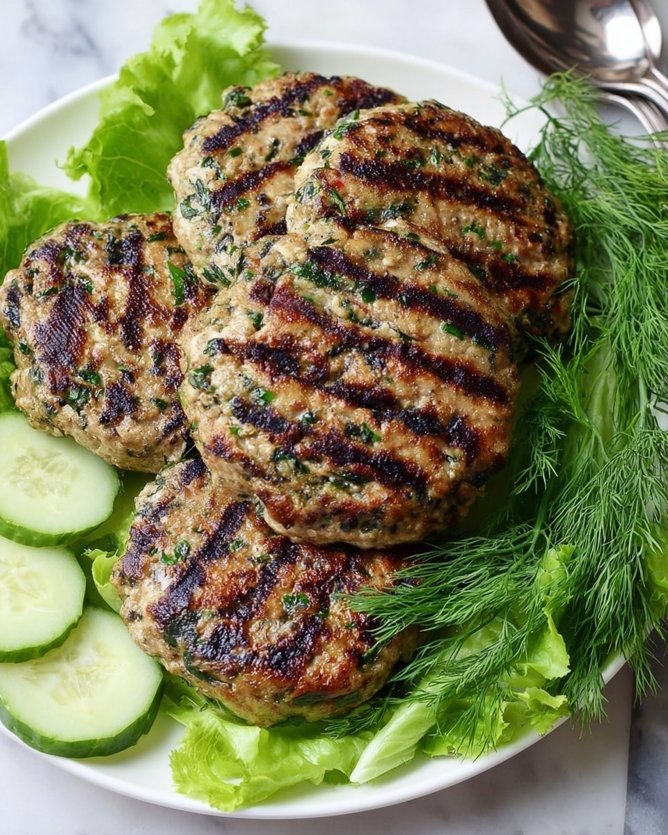 A white plate holds three round grilled patties with dark grill marks on top. On the left side of the plate, there is a bed of bright green lettuce leaves, with a small bunch of red cherry tomatoes on top of the lettuce. Below the tomatoes, pale green cucumber slices are neatly arranged in a small stack. In the background, a white bowl with a green herb sauce sits to the top right, and thin purple onion rings are placed on the white marbled surface near the bottom right. A gray textured cloth is partly seen on the left side of the image. Photo taken with an iphone --ar 4:5 --v 7