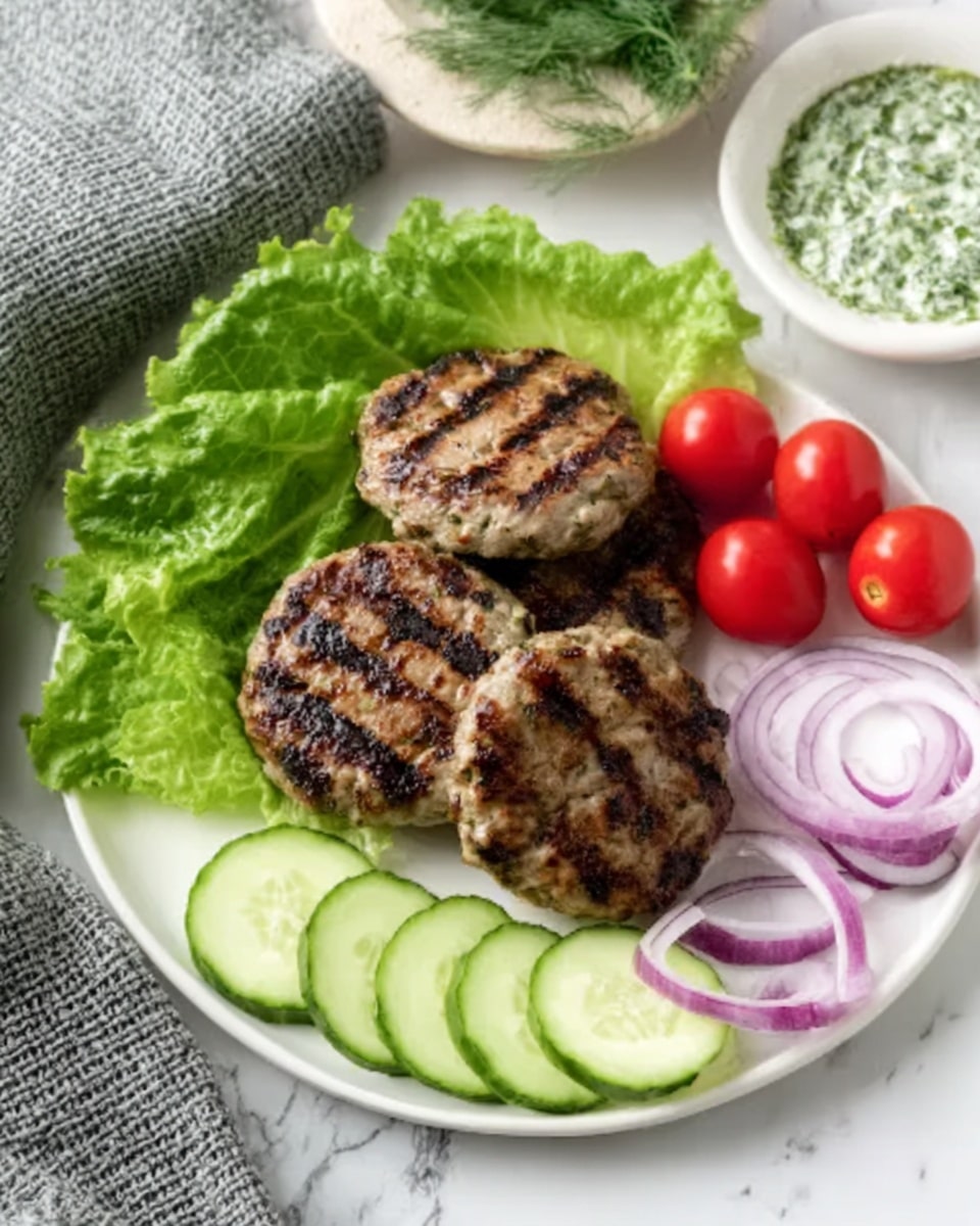 The image shows four grilled patties with a mix of green herbs visible inside them, each with dark grill marks on the top surface, stacked slightly overlapping on a white plate. The patties rest on a bed of bright green lettuce leaves and are accompanied by thin slices of light green cucumber in the bottom left corner. To the right and slightly behind the patties, there are some green dill sprigs for garnish. The plate sits on a white marbled surface, and a spoon is partially visible at the top right corner. Photo taken with an iphone --ar 4:5 --v 7