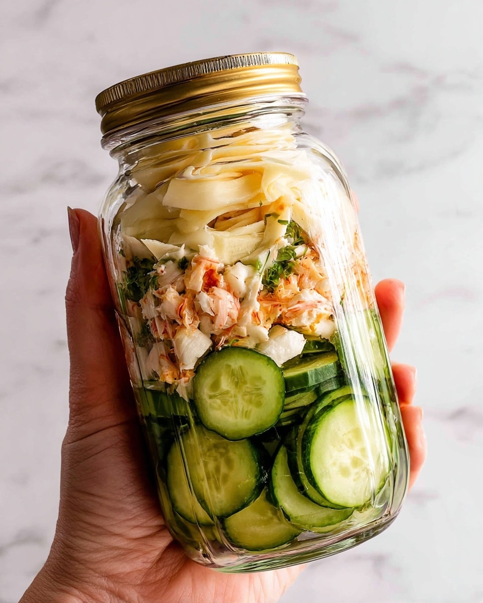 A clear glass jar with a gold lid is filled with layers of fresh cucumber slices at the bottom, showing bright green color and a moist texture. Above the cucumbers is a mix of small chopped pieces in light orange and white colors, with a soft texture that looks like seafood or imitation crab meat. On top, there is a layer of pale yellow cheese slices folded neatly with some small white and green bits mixed in. The jar is being held by a woman's hand against a white marbled background. photo taken with an iphone --ar 4:5 --v 7