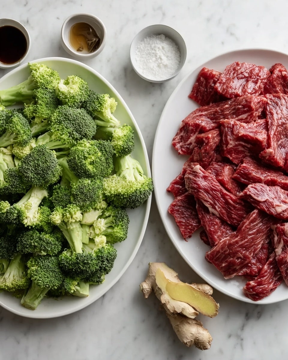 The image shows two white plates on a white marbled surface. The plate on the left is full of fresh, green broccoli florets with a bright and textured appearance. The plate on the right has many thin red strips of raw beef, showing some white marbling and muscle texture. Above these plates, there are three small bowls: one with a dark sauce, one with white powder, and one with a piece of light brown ginger. Photo taken with an iphone --ar 4:5 --v 7