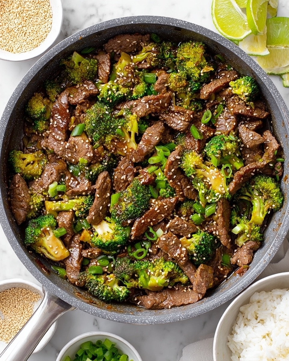 A gray pan filled with a stir-fry dish showing two main layers: the first layer has many pieces of tender, browned beef with a slightly textured surface, spread evenly across the pan, and the second layer includes bright green broccoli florets, some with small stems, interspersed with the beef. There are tiny white sesame seeds scattered on top along with small pieces of chopped green onions, adding bits of white and dark green throughout the pan. Around the pan, the white marbled surface holds a small white bowl with tan sesame seeds, and another white bowl contains sliced lime wedges and more chopped green onions. At the bottom right corner, part of a white bowl with white steamed rice is visible. Photo taken with an iphone --ar 4:5 --v 7