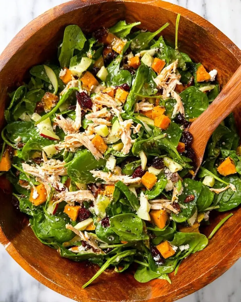 Fall Harvest Salad with Roasted Sweet Potatoes, Chicken, Apples, Cranberries, and Goat Cheese in a Creamy Orange Vinaigrette Recipe