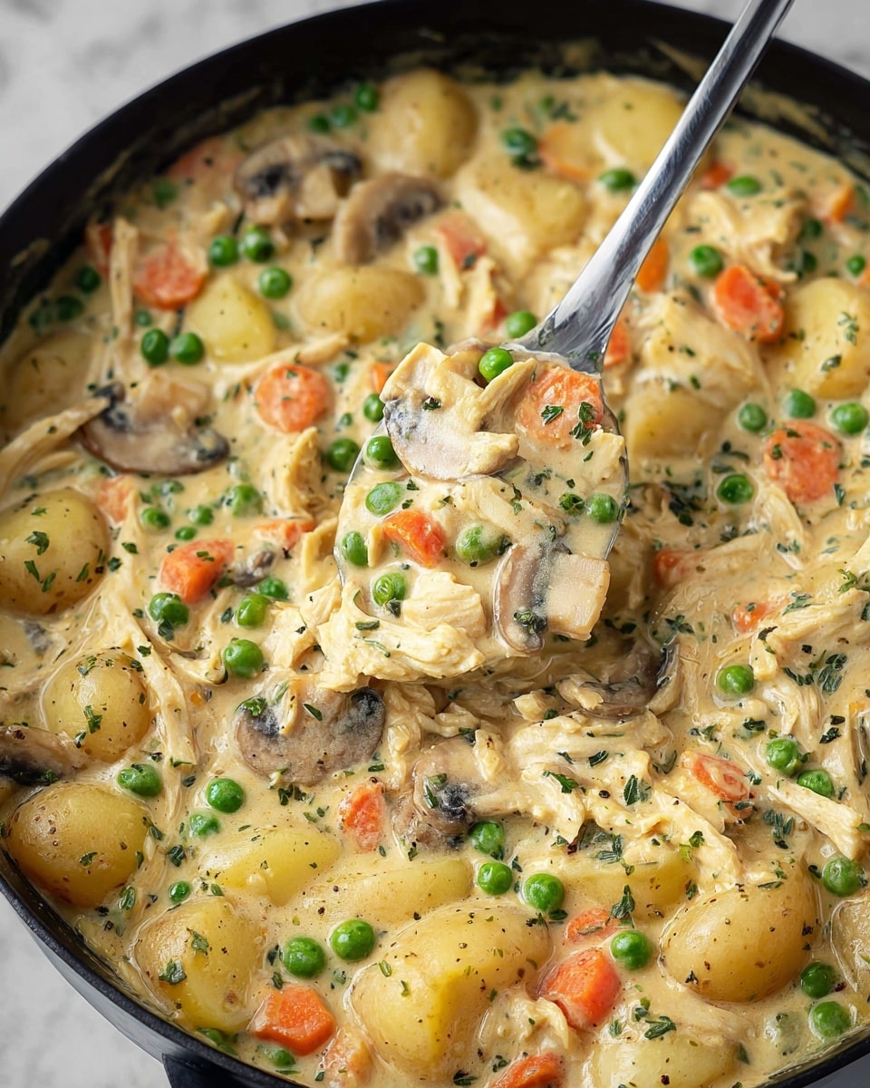 The image shows a close-up of a creamy dish in a black pan, filled with soft, round potato pieces, bright green peas, small orange carrot cubes, light brown sliced mushrooms, and shredded white chicken mixed in a thick, pale yellow sauce with small bits of herbs sprinkled throughout. A shiny silver spoon lifts some of the mixture, showing the chunky and creamy texture of the layers all mixed together against a white marbled surface. photo taken with an iphone --ar 4:5 --v 7