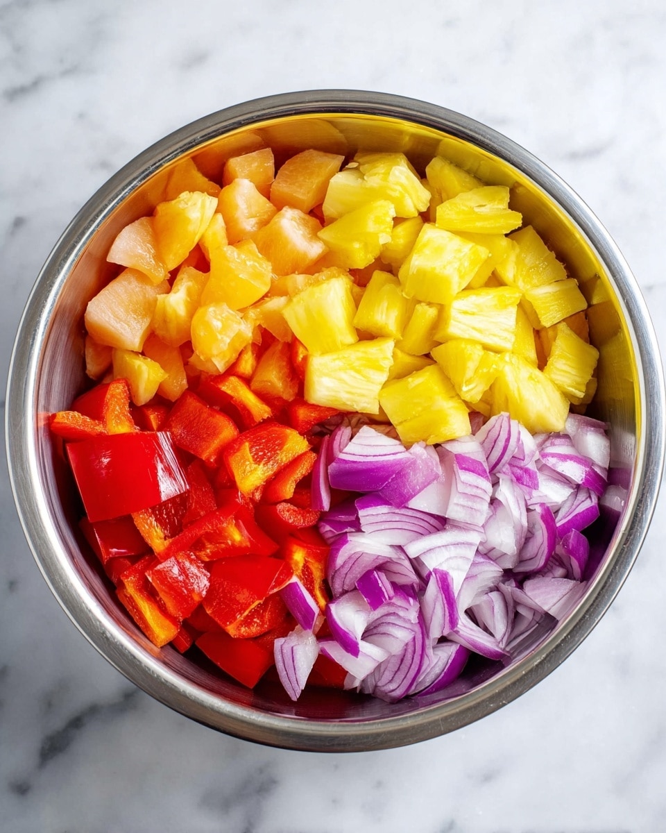 A shiny silver bowl sits on a white marbled surface, filled with four sections of chopped ingredients. One section shows bright red bell pepper pieces with a smooth texture. Another section has vibrant yellow pineapple chunks, juicy and slightly translucent. Next to it, there are light orange pieces of a soft fruit, likely peach or mango. The last section is filled with crisp, purple and white slices of red onion with a layered texture. The colors contrast sharply against the metal bowl and white marbled background, creating a fresh and vibrant look. photo taken with an iphone --ar 4:5 --v 7